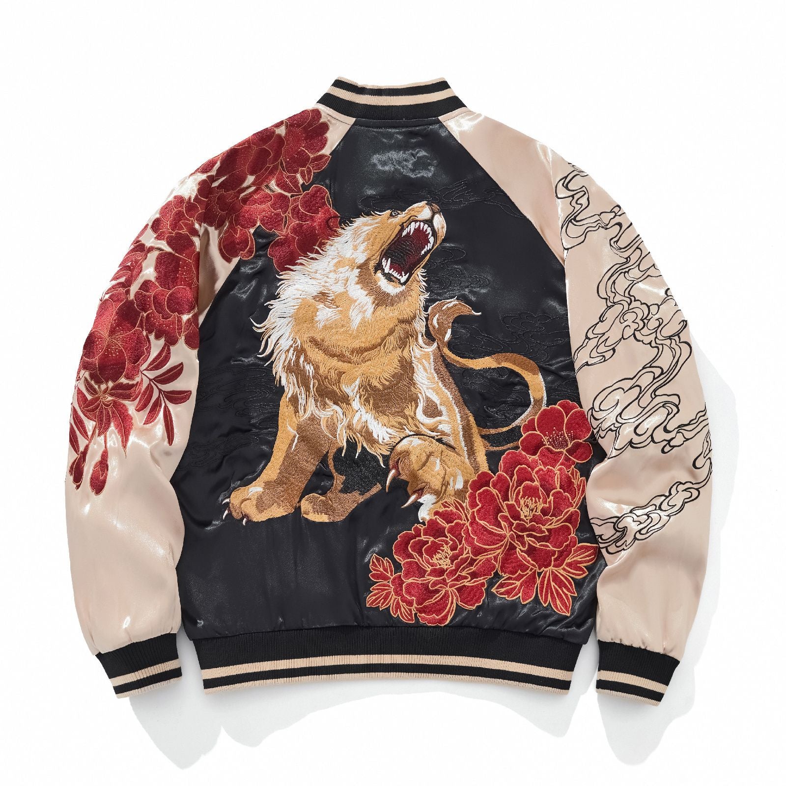 Back view — beige sleeves; full-body lion at center with red peonies; cloudline embroidery on right sleeve.