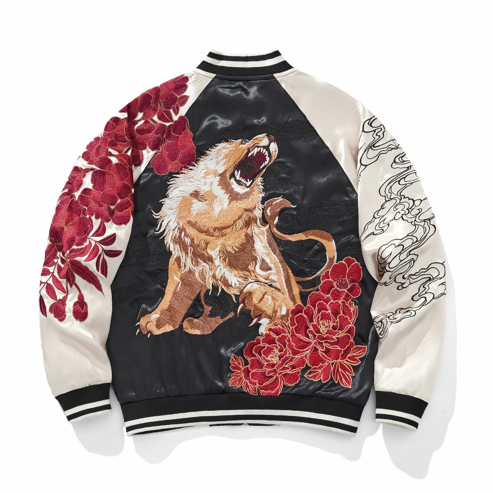 Back view — white sleeves; full-body lion at center framed by red peonies; cloudline embroidery on right sleeve.
