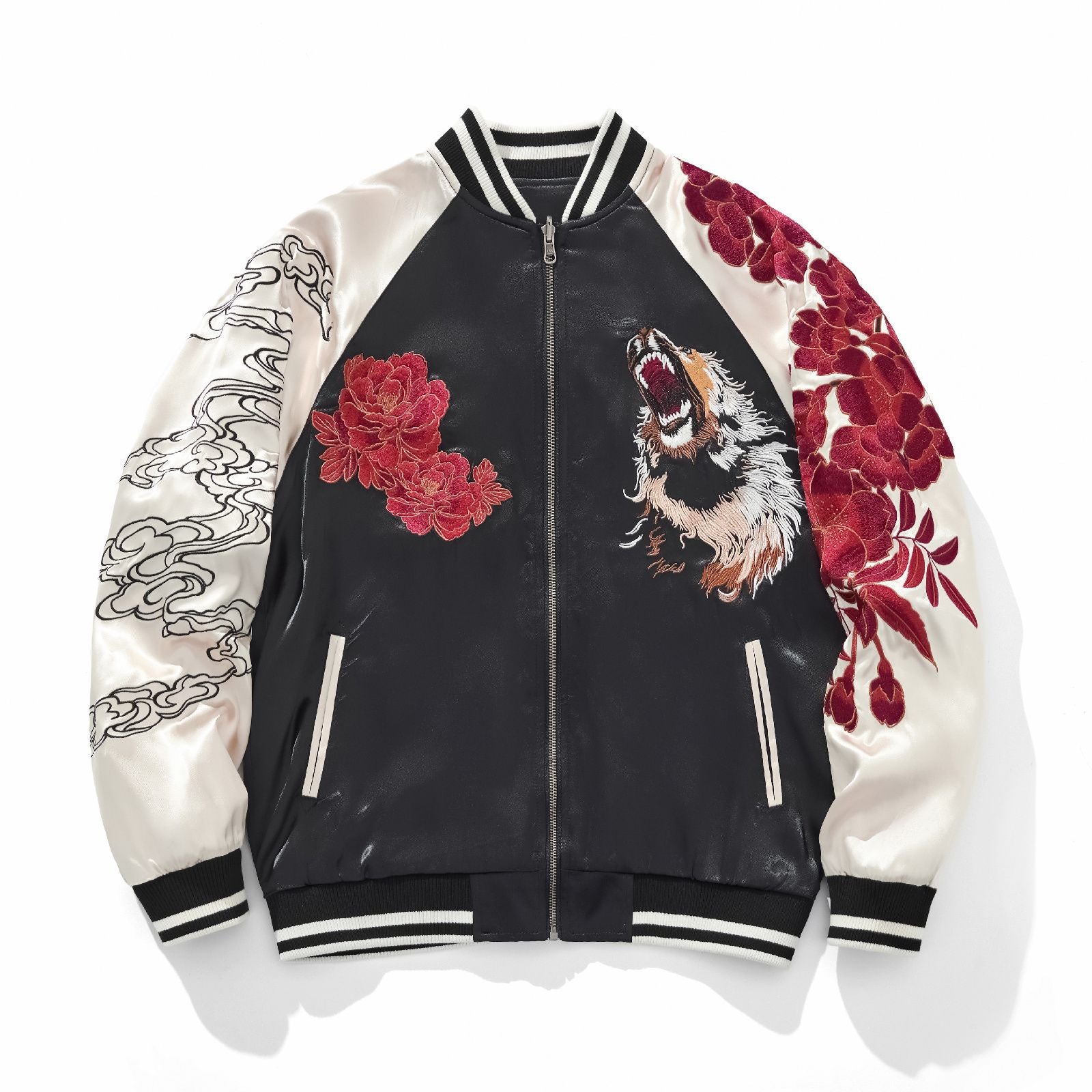 Front view — white sleeves; roaring lion at right chest, red peonies at left chest and right sleeve, cloudline embroidery on left sleeve.