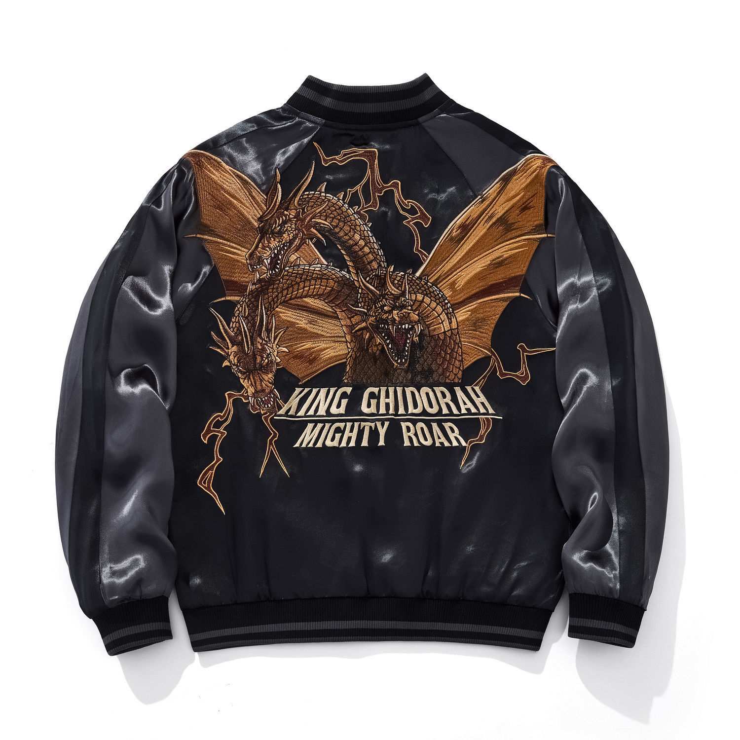 Back view of gray color sukajan jacket with King Ghidorah Mighty Roar graphic.