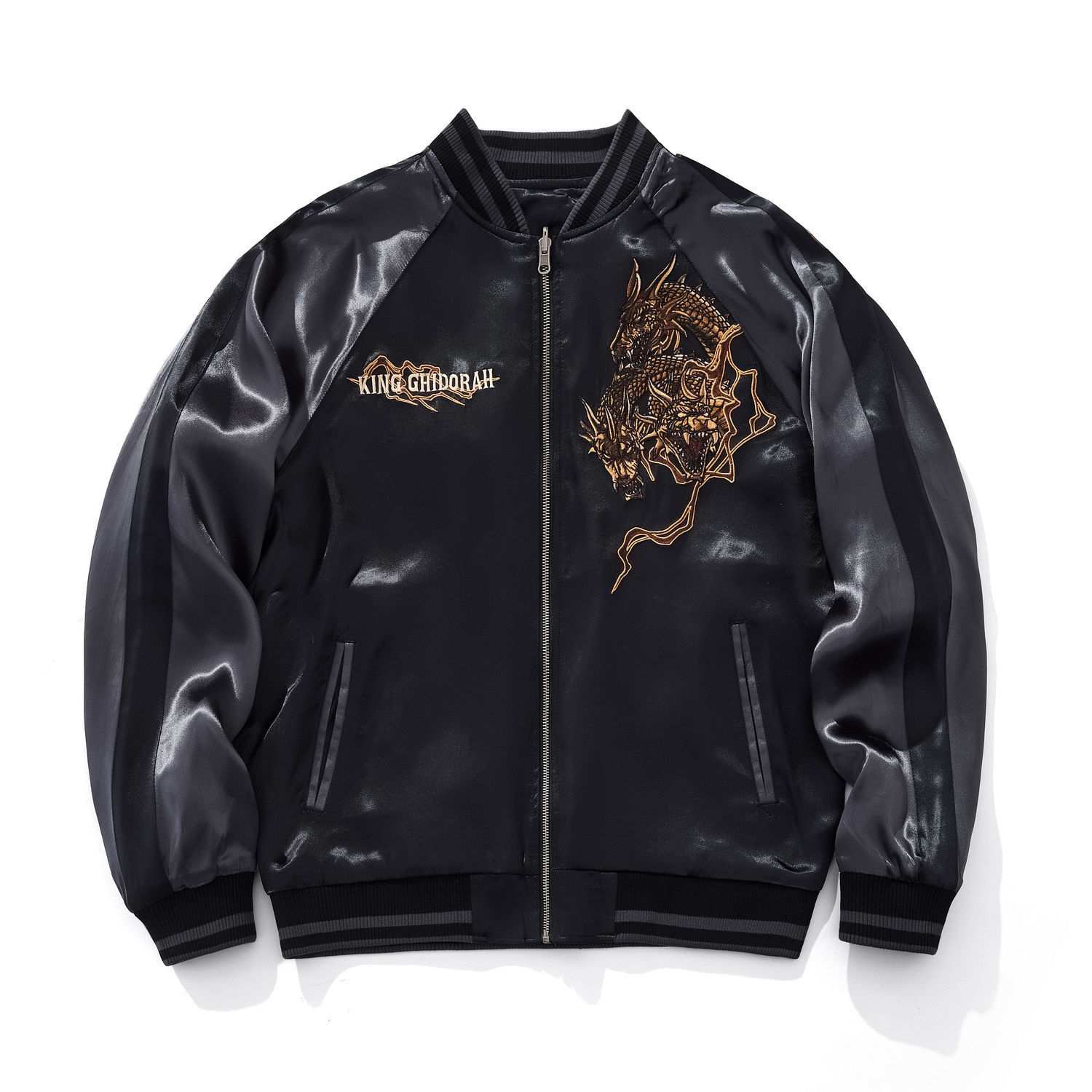 Front view of gray color sukajan jacket with King Ghidorah chest motif.