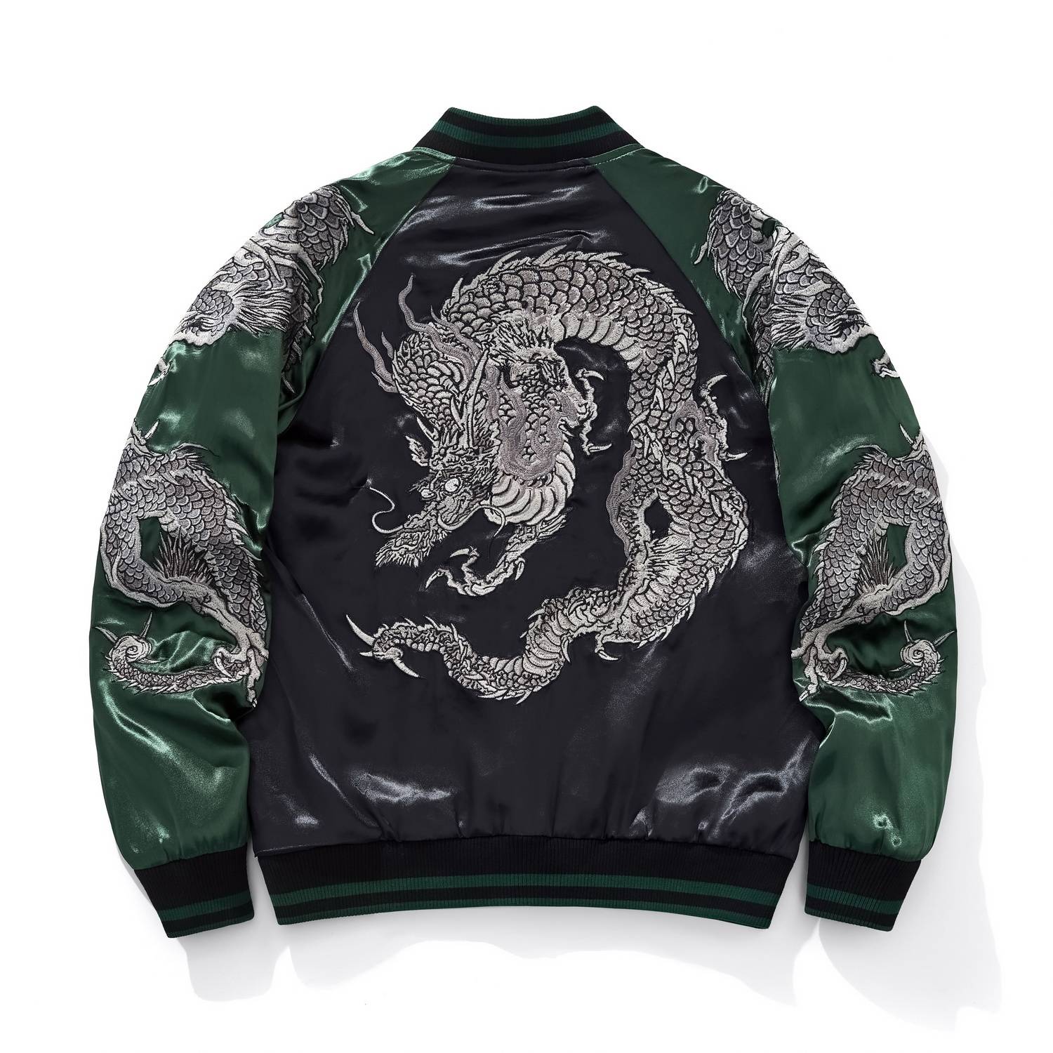 Back view of green color sukajan jacket featuring a coiling dragon embroidery.
