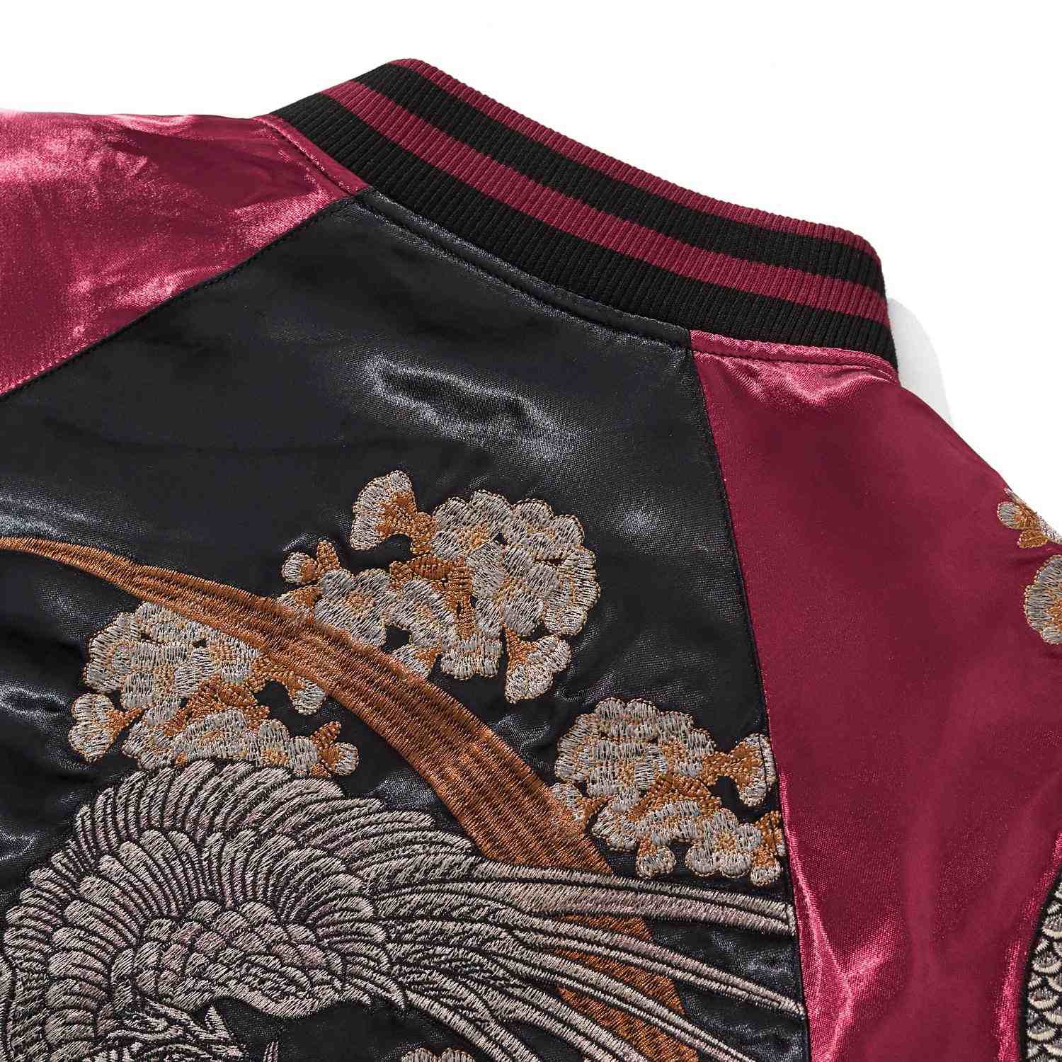 Back shoulder detail with phoenix halo and blossoms.