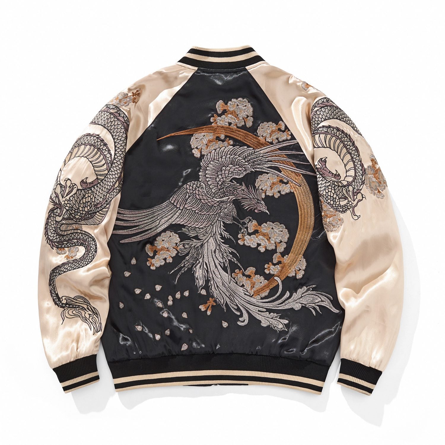 Back view of beige color sukajan jacket featuring phoenix and falling petals.