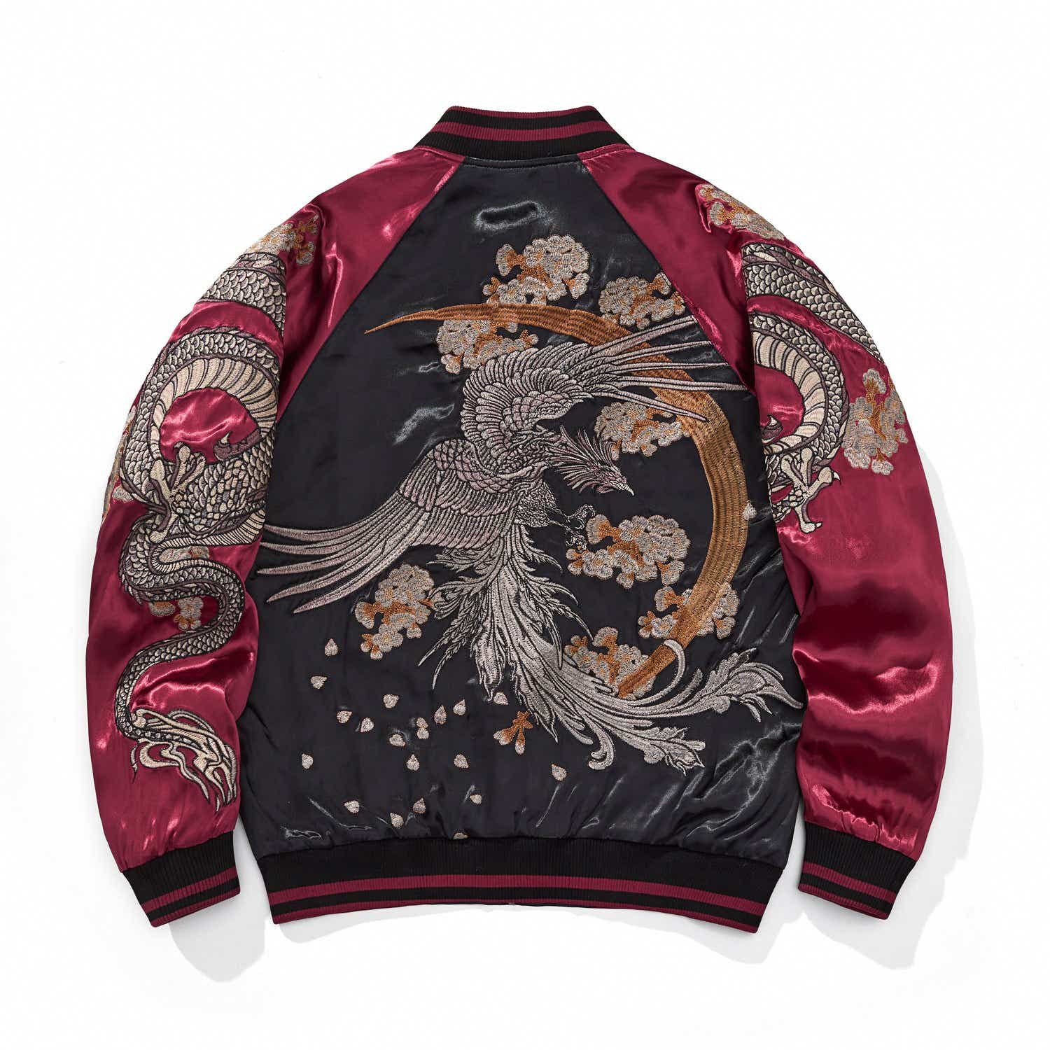 Back view of burgundy color sukajan jacket featuring phoenix and falling petals.