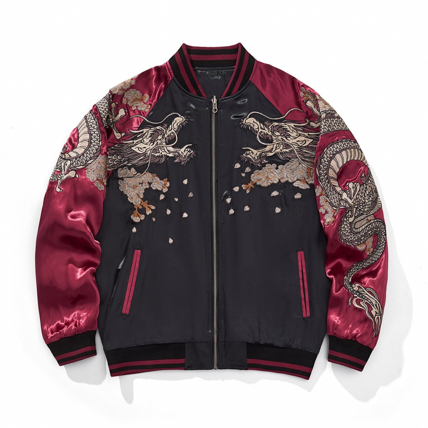 Front view of burgundy color sukajan jacket with twin dragons.