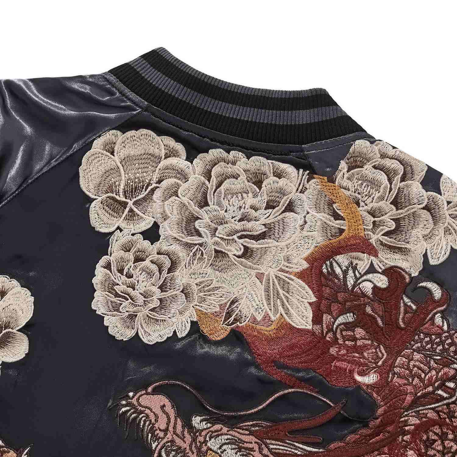 Back shoulder detail — dense peony clusters around dragon head.