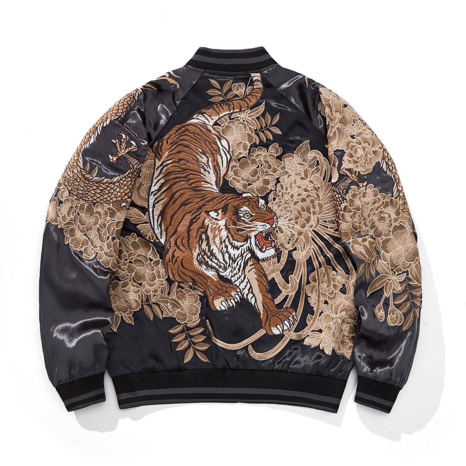 Back view of gray color sukajan jacket featuring tiger and chrysanthemums.