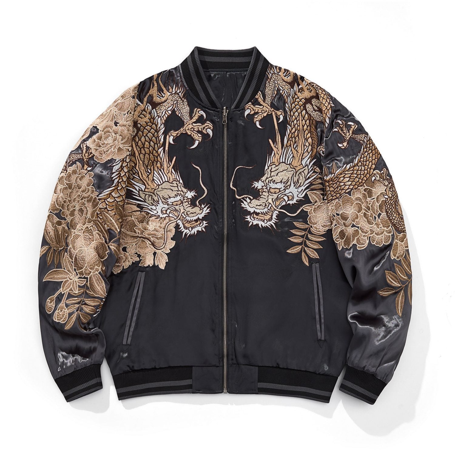 Front view of gray color sukajan jacket with twin dragons on sleeves.