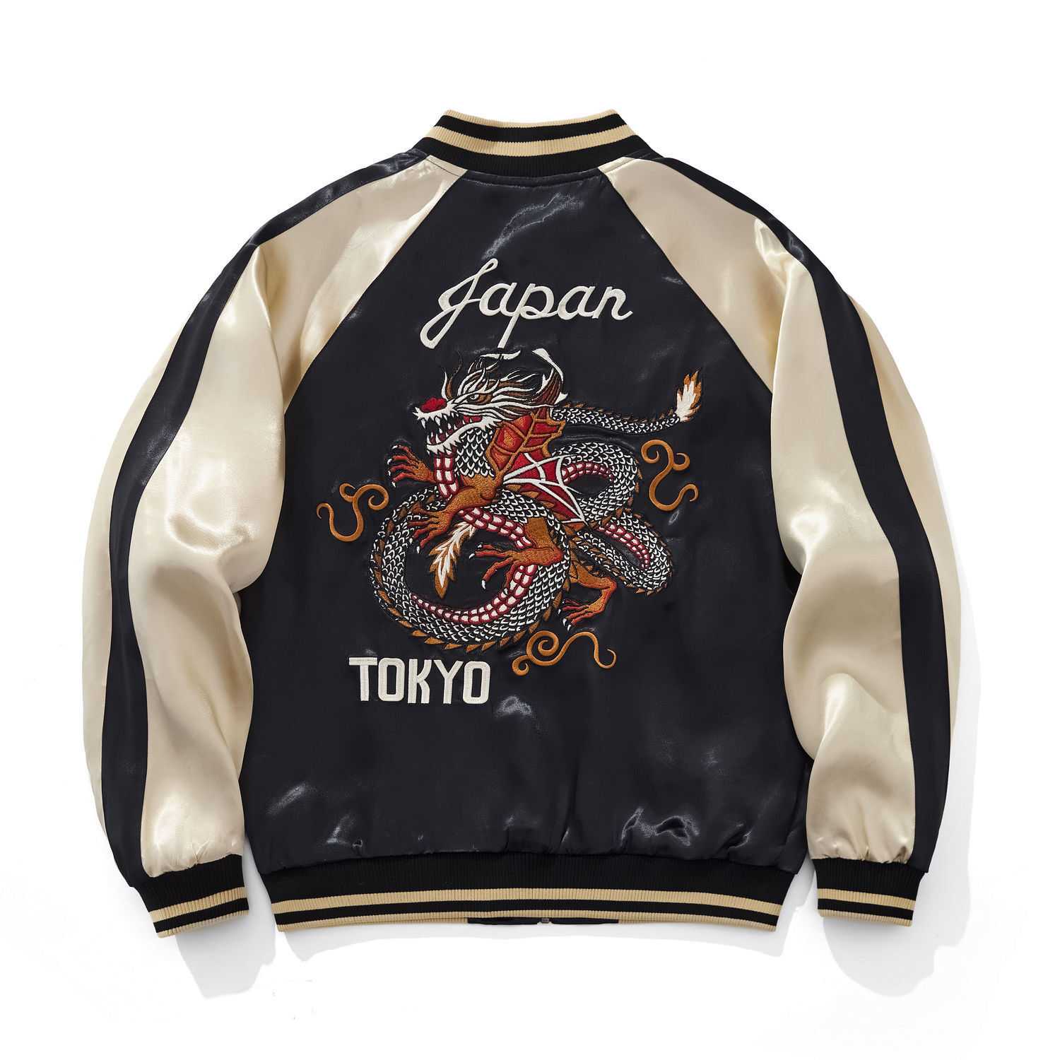 Back view of beige color sukajan jacket featuring Tokyo dragon embroidery and Japan text.