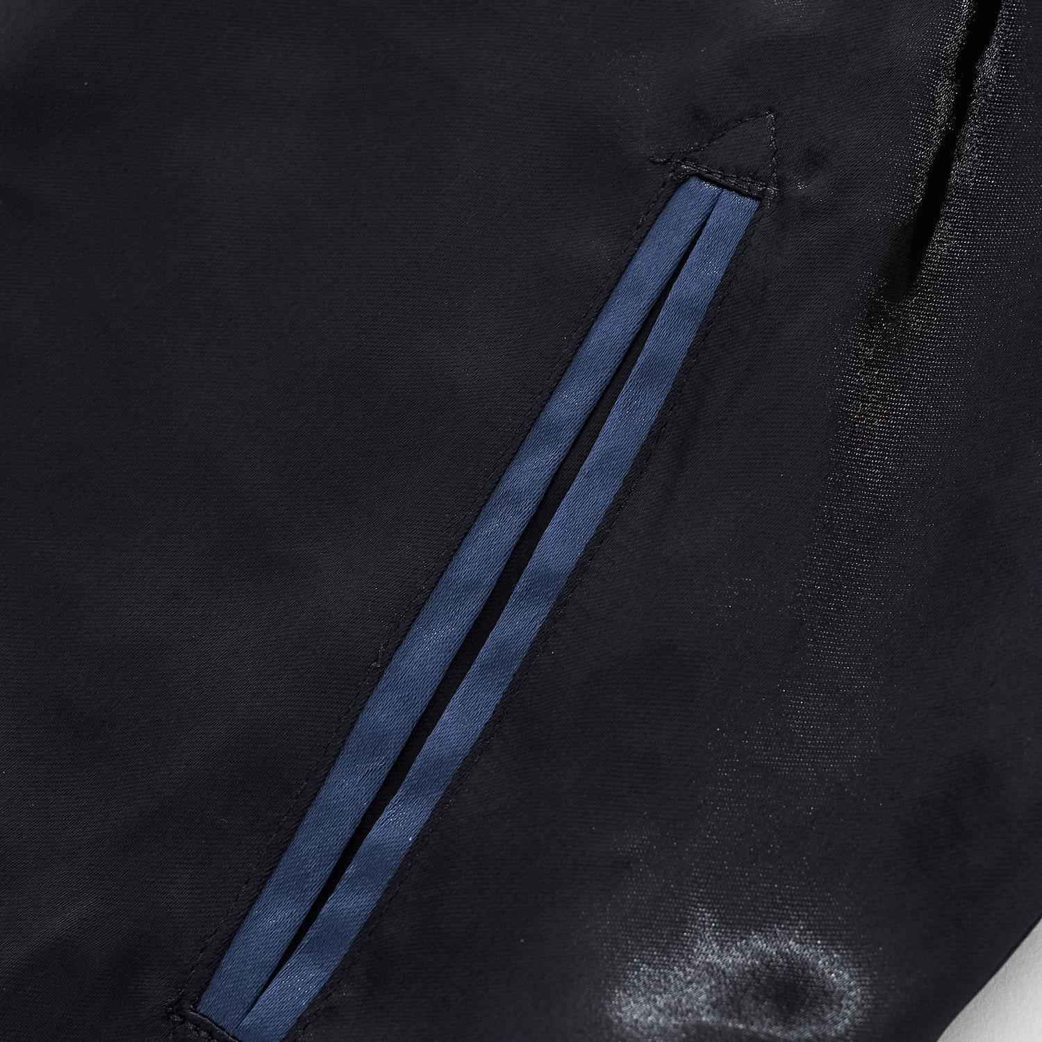 Slanted front pocket trim close-up.