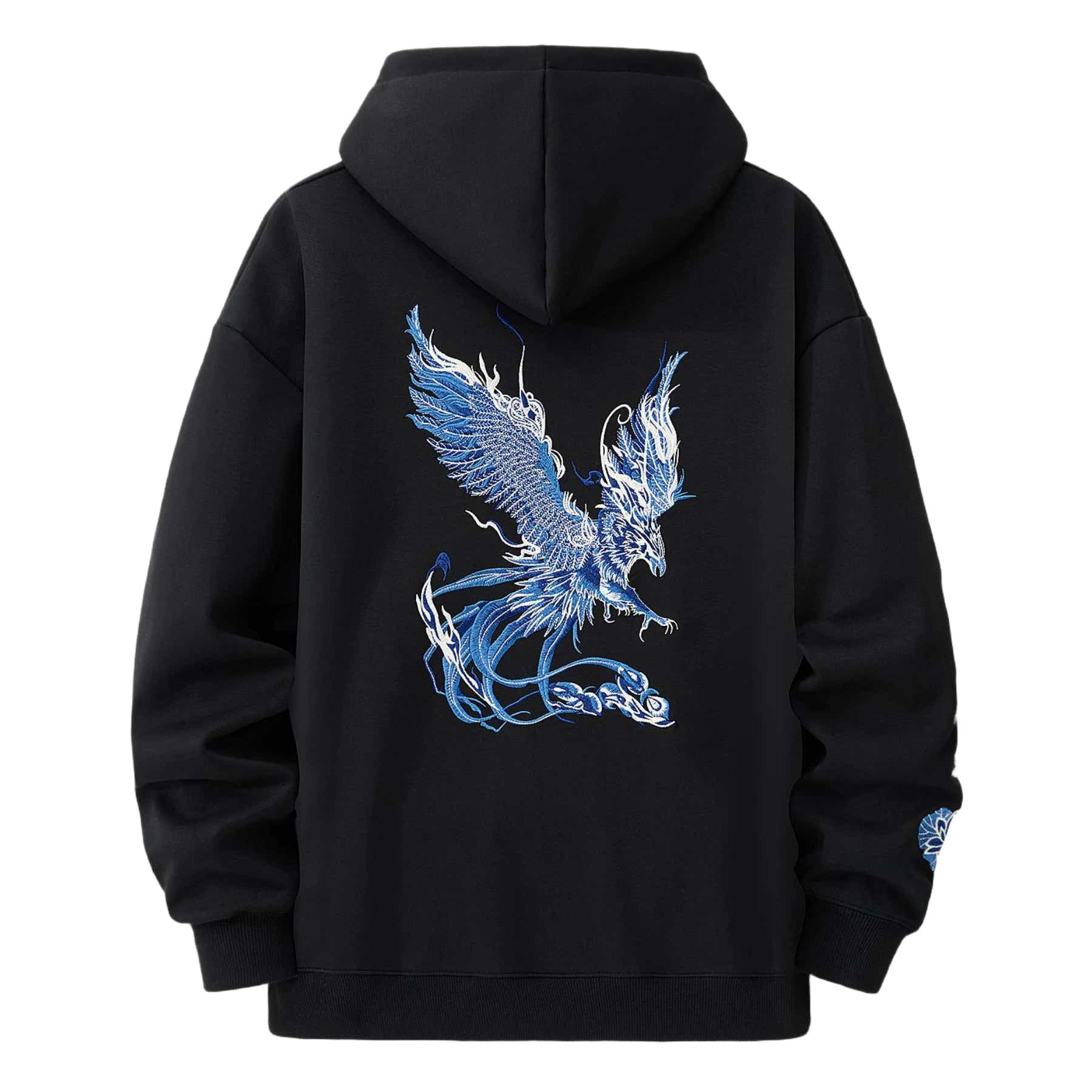 Back view of the black Blue Phoenix & Lotus Embroidered Hoodie featuring a large blue phoenix