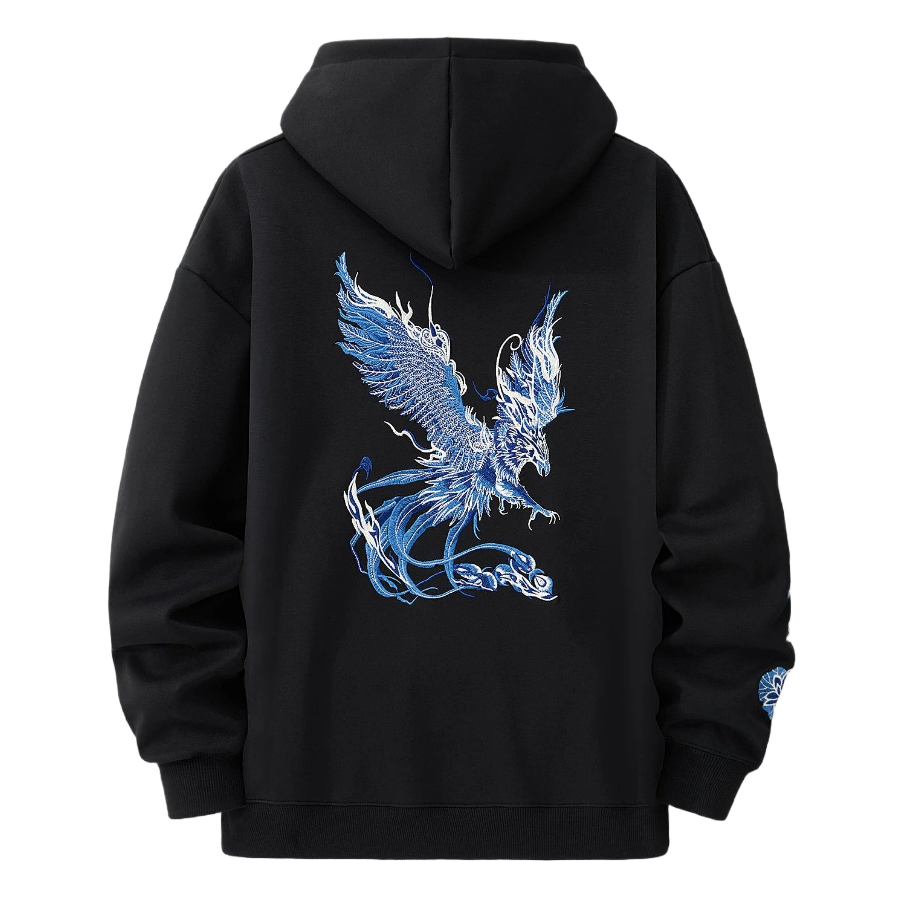 Back view of the black Blue Phoenix & Lotus Embroidered Hoodie featuring a large blue phoenix