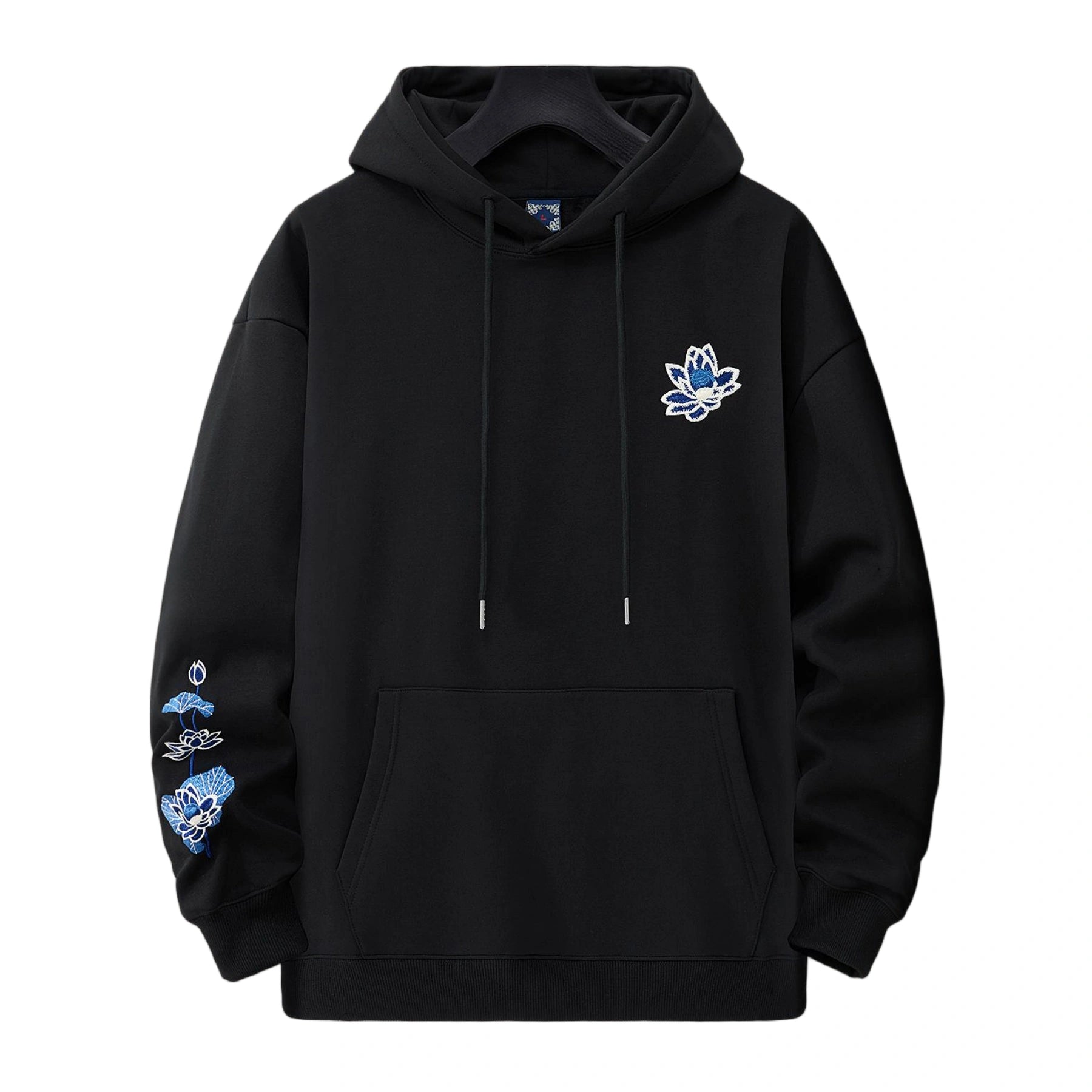 Front view of the black Blue Phoenix & Lotus Embroidered Hoodie with a small lotus at the chest