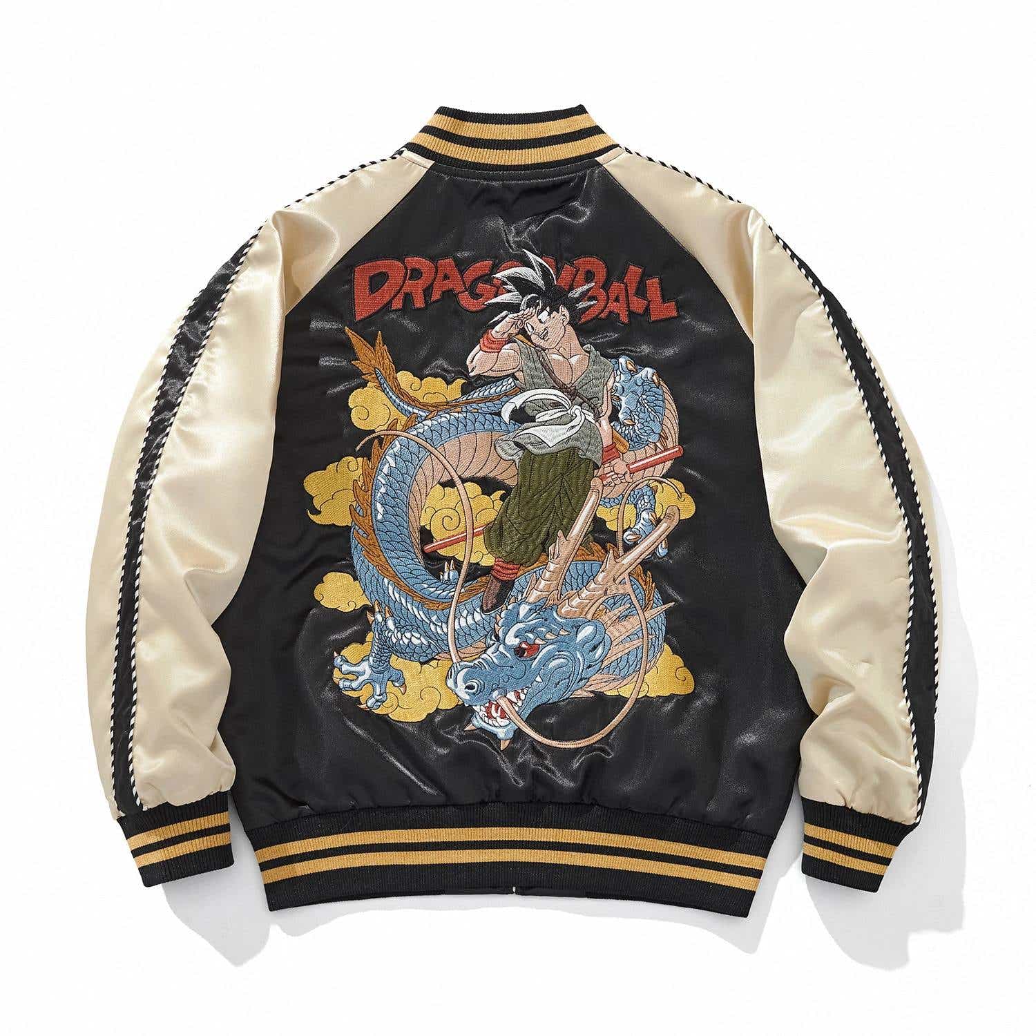 Full back view of Dragon Ball Goku & Shenron sukajan jacket with large anime embroidery and beige sleeves.
