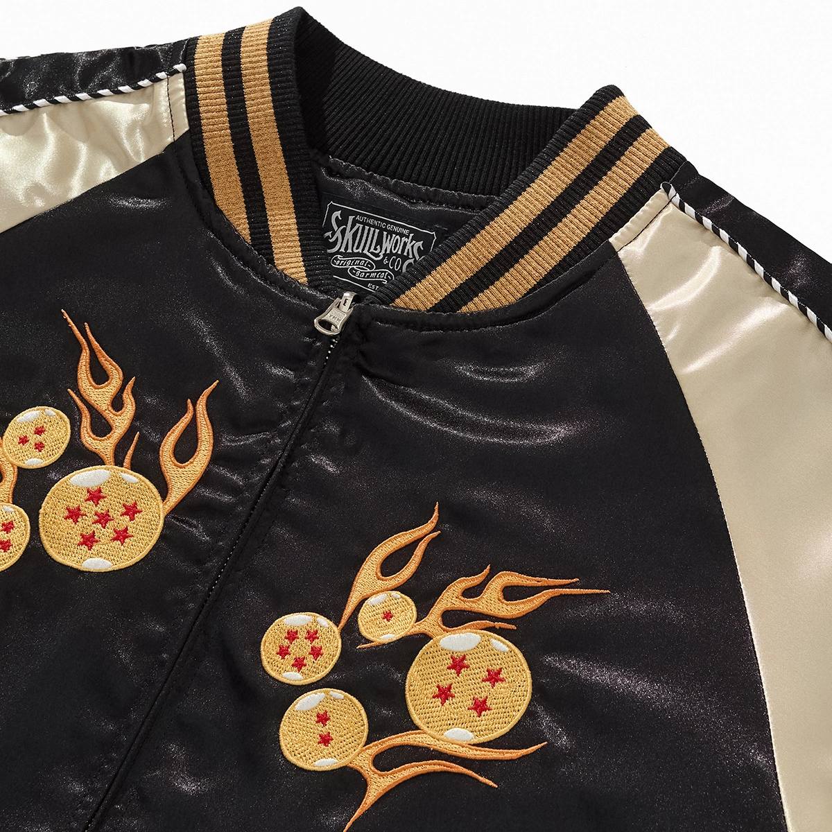 Collar and chest close-up of Dragon Ball Goku & Shenron sukajan showing label and dragon ball embroidery.