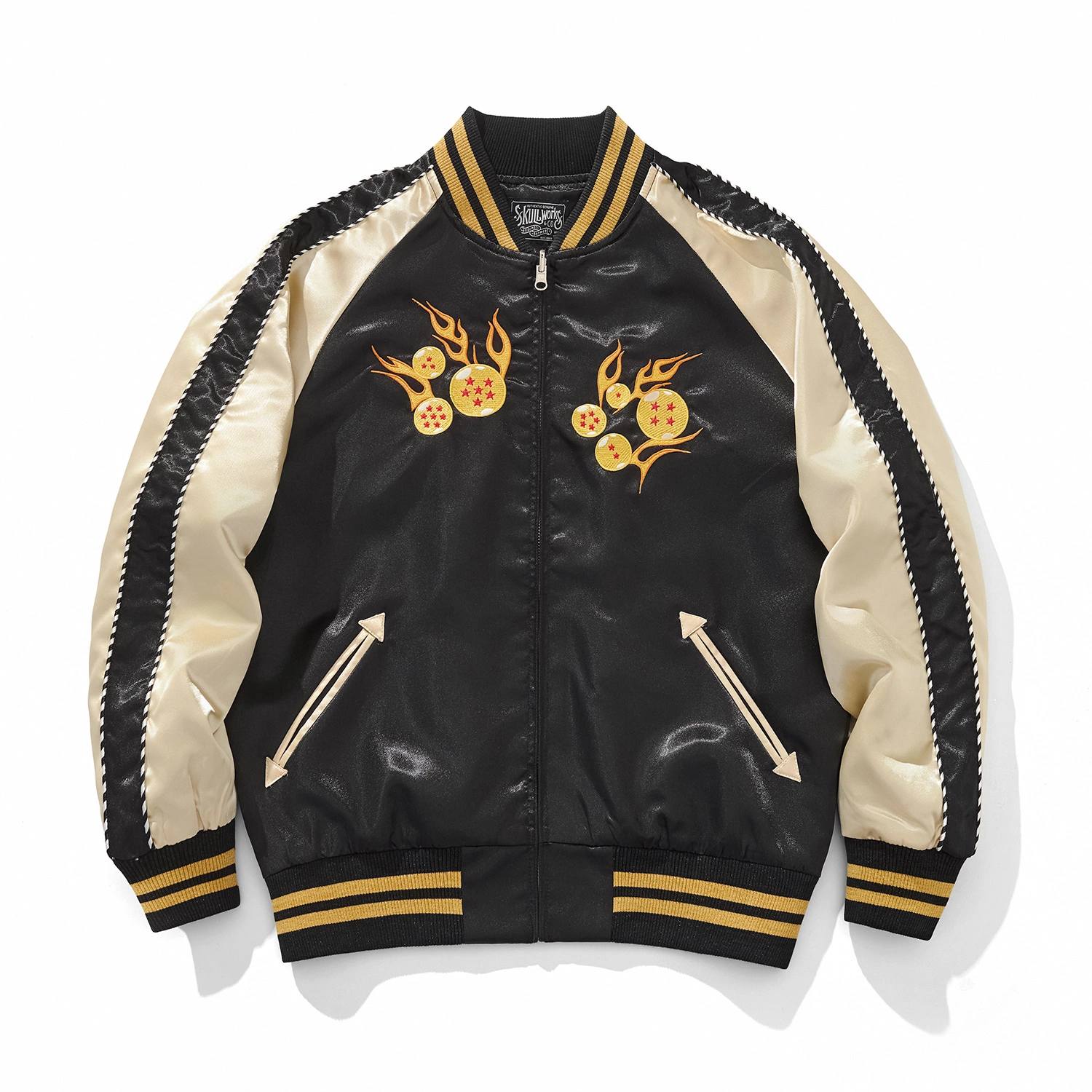Front view of Dragon Ball Goku & Shenron sukajan jacket with flaming Dragon Balls embroidered on the chest.