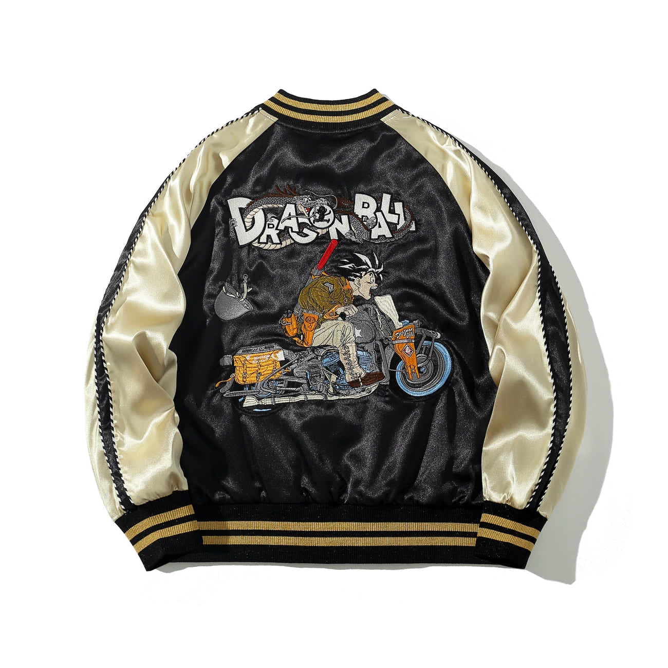 Back view of Dragon Ball Rider embroidered sukajan showing anime rider on motorbike and Dragon Ball logo.