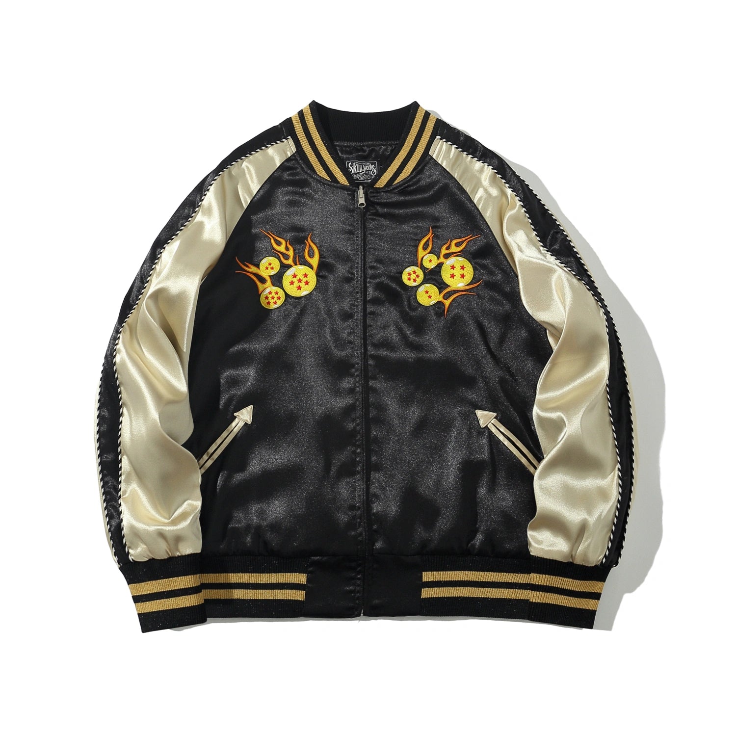 Front view of Dragon Ball Rider embroidered sukajan jacket with flaming dragon balls on chest and beige sleeves.