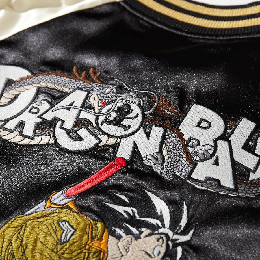 Close-up of Dragon Ball logo and coiled dragon embroidery on the back of Dragon Ball Rider anime sukajan jacket.