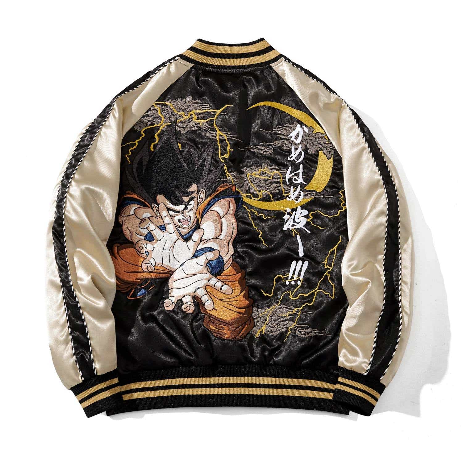Back view of Dragon Balls Goku Kamehameha sukajan jacket with bold anime embroidery, lightning and Japanese text.