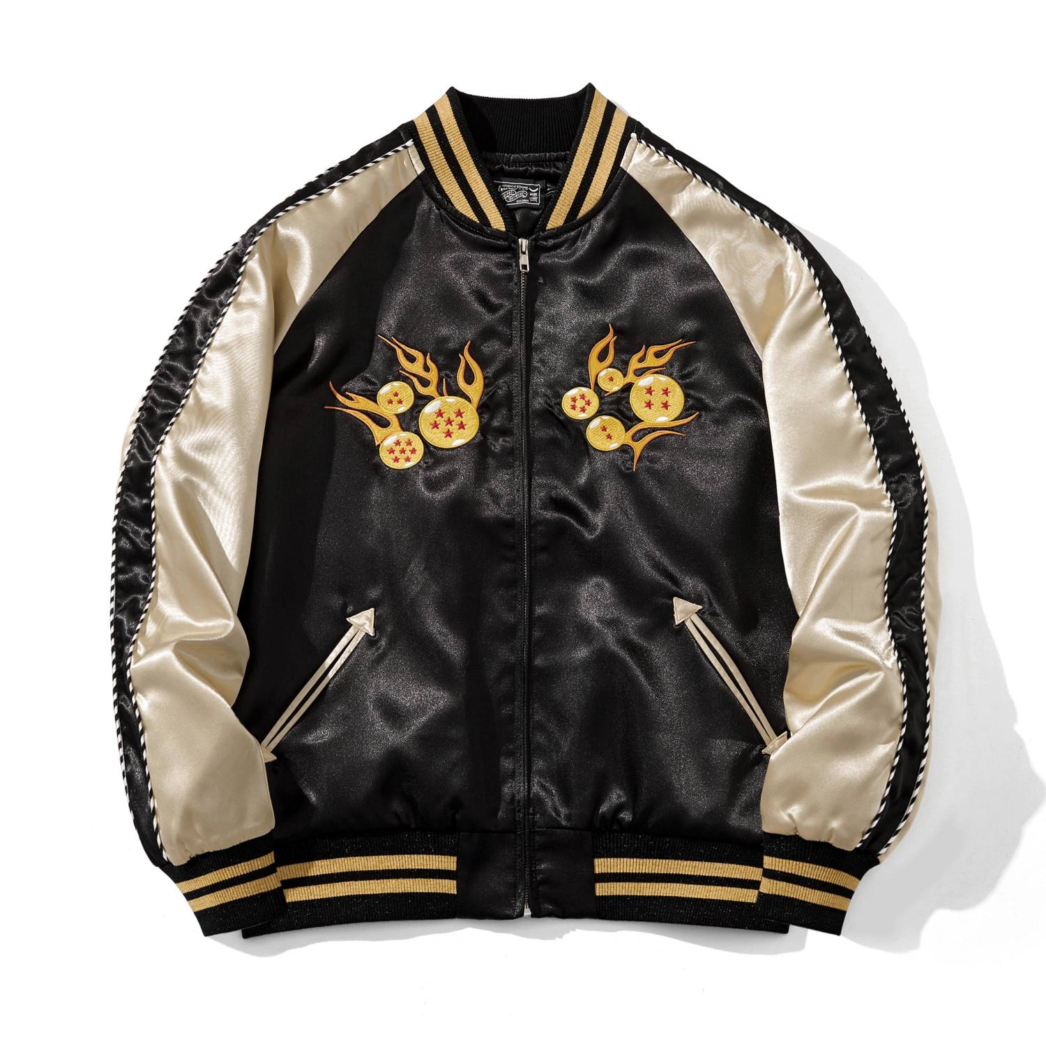 Front view of Dragon Balls Goku Kamehameha sukajan jacket with flaming dragon balls embroidery on black satin.