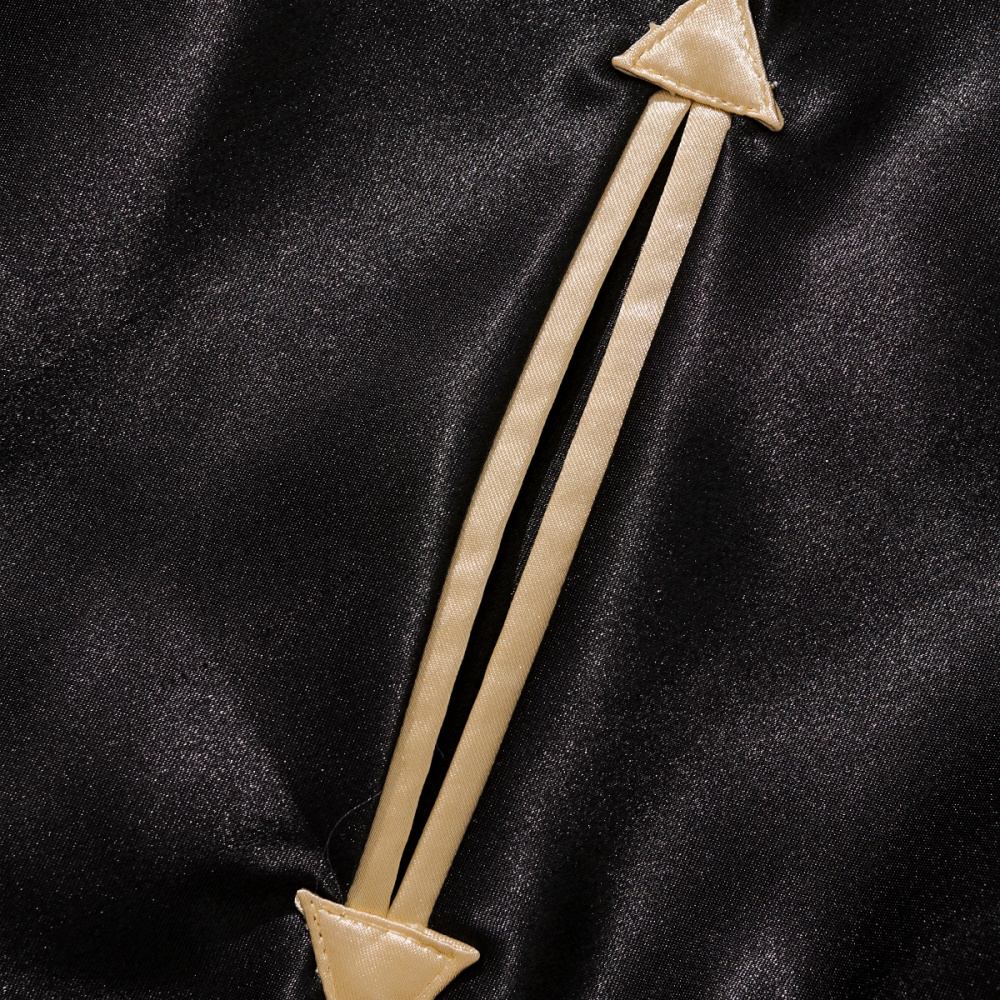 Close-up of arrow-shaped welt pocket with beige trim on black body of Dragon Balls Goku Kamehameha sukajan.