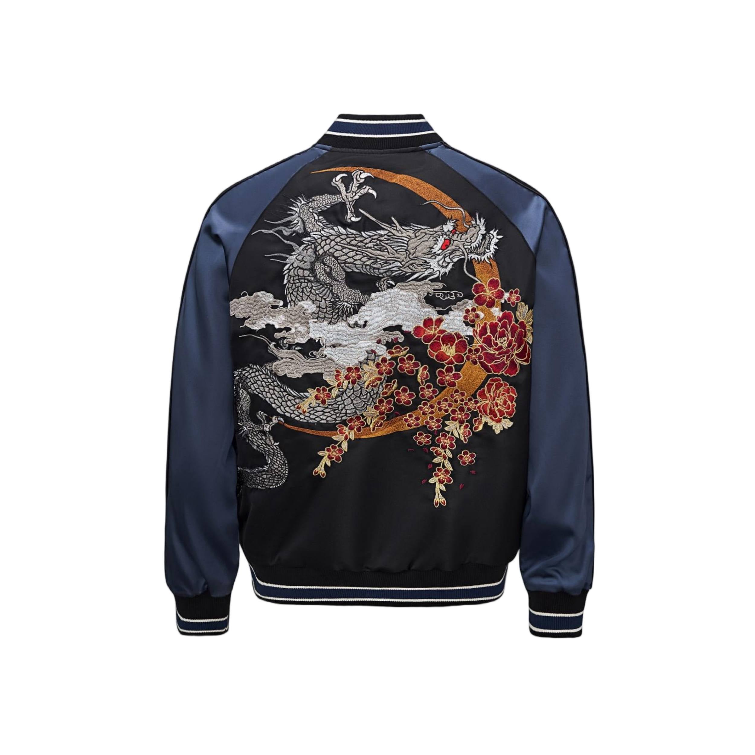 Back view in Navy — full-back coiling dragon over a gilt moon ring, framed by peonies and blossoms.