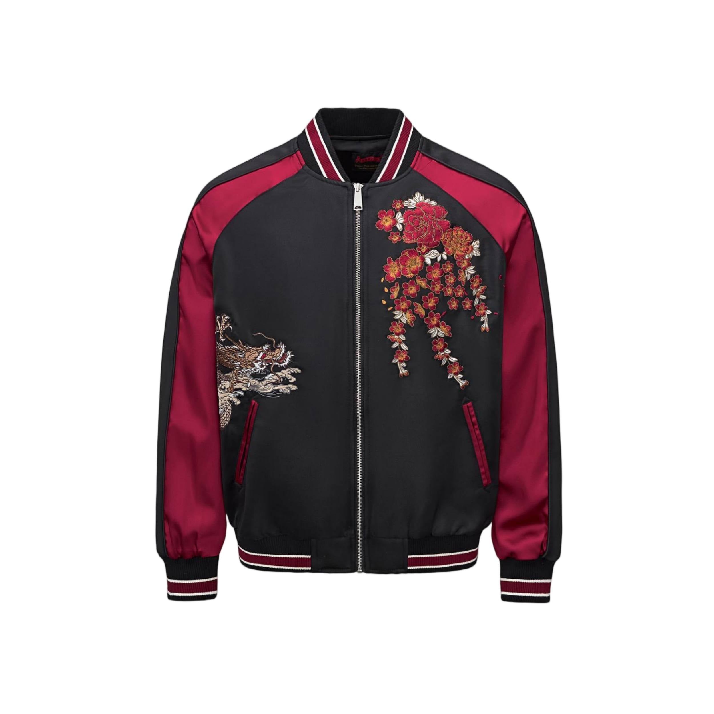 Front view in Red — same dual-chest embroidery with contrast rib and matching pocket piping.