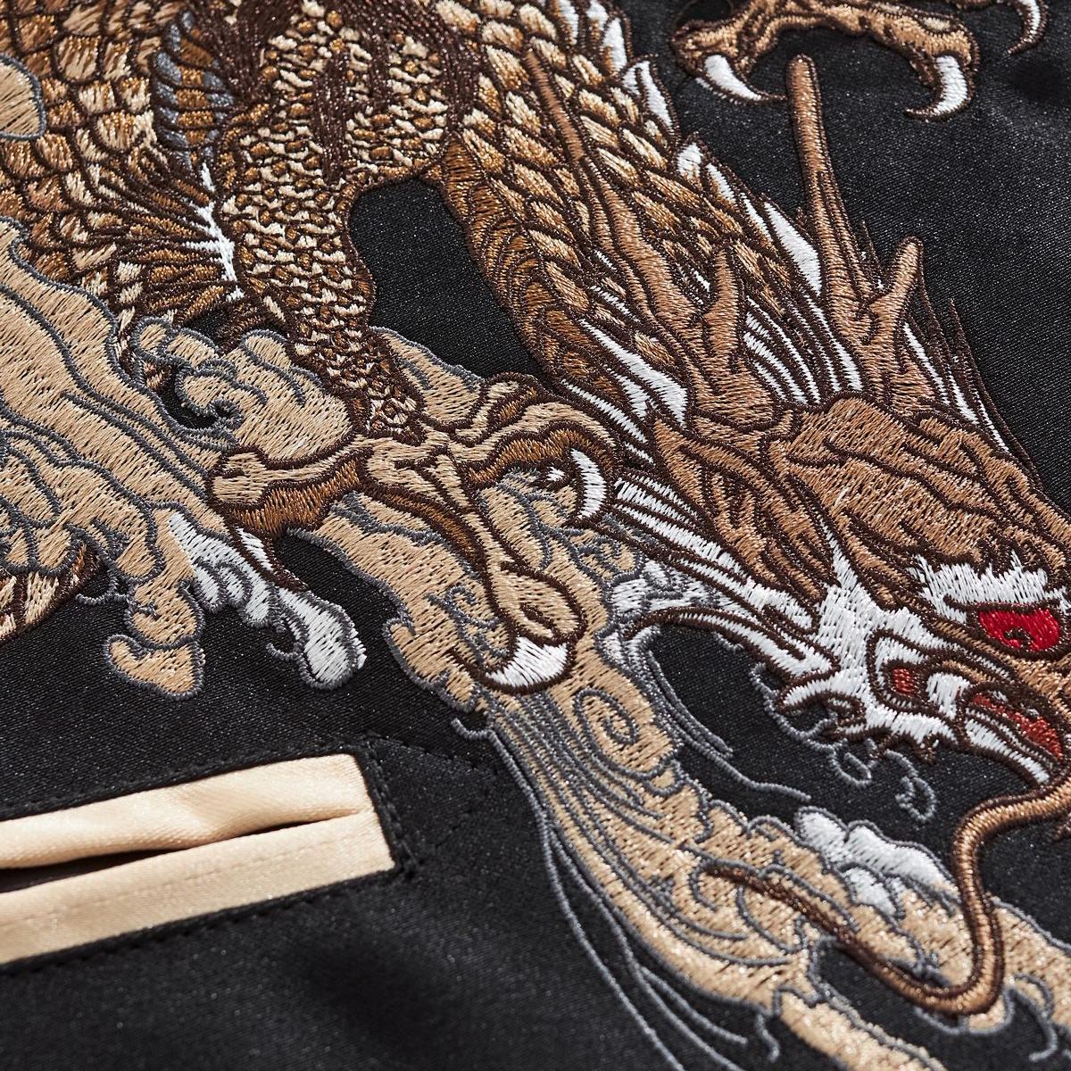 Macro of dragon embroidery — scales, clouds, and whiskers in dense, high-relief threadwork.