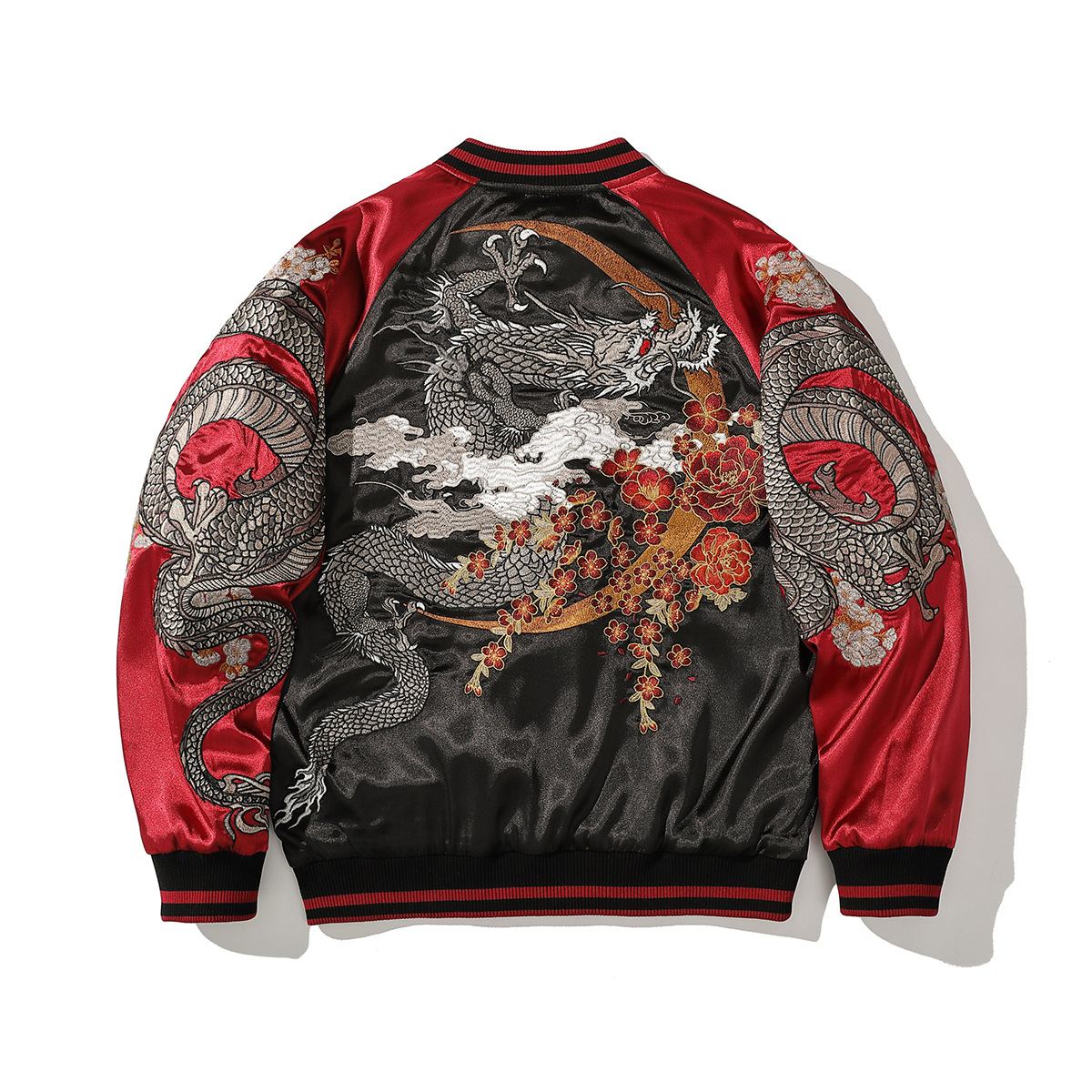 Back view, red color sukajan jacket featuring dragon, crescent arc, and peonies.