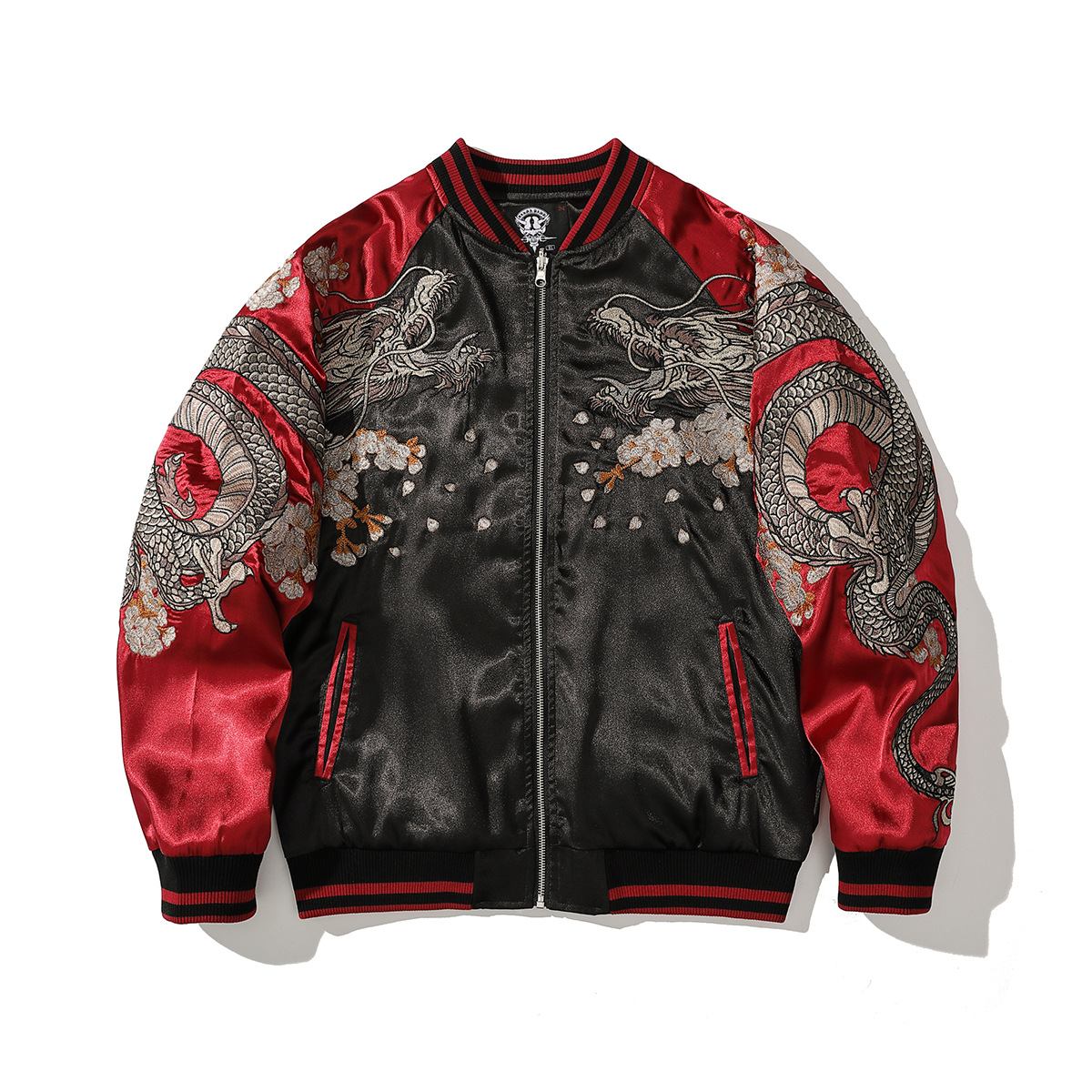 Front view, red color sukajan jacket with twin dragons and falling blossoms.