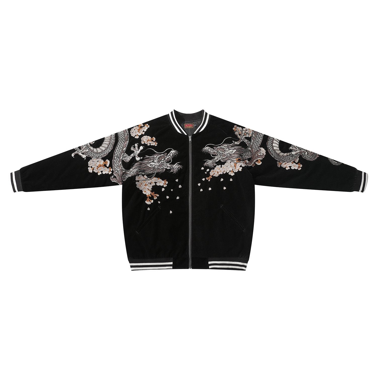 Front view of the black velvet sukajan featuring twin dragons and drifting petals