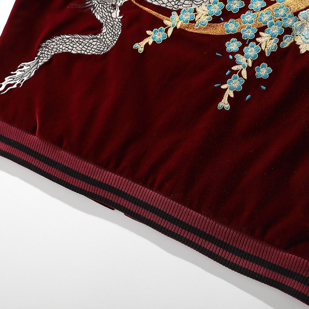 Hem and rib-knit waistband detail of the velvet sukajan with tidy stitching