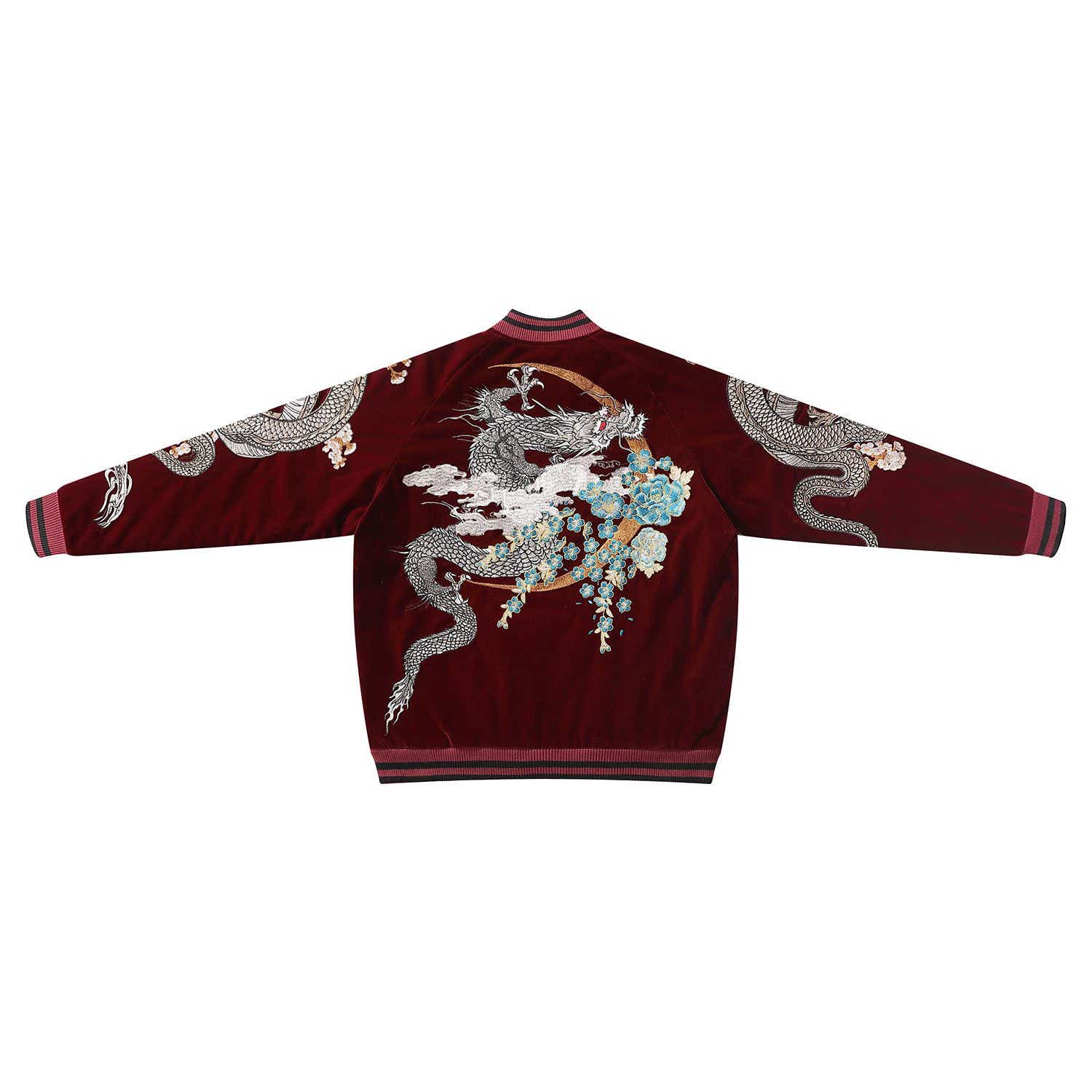 Back view of the red velvet sukajan with ringed dragon and blossom embroidery.