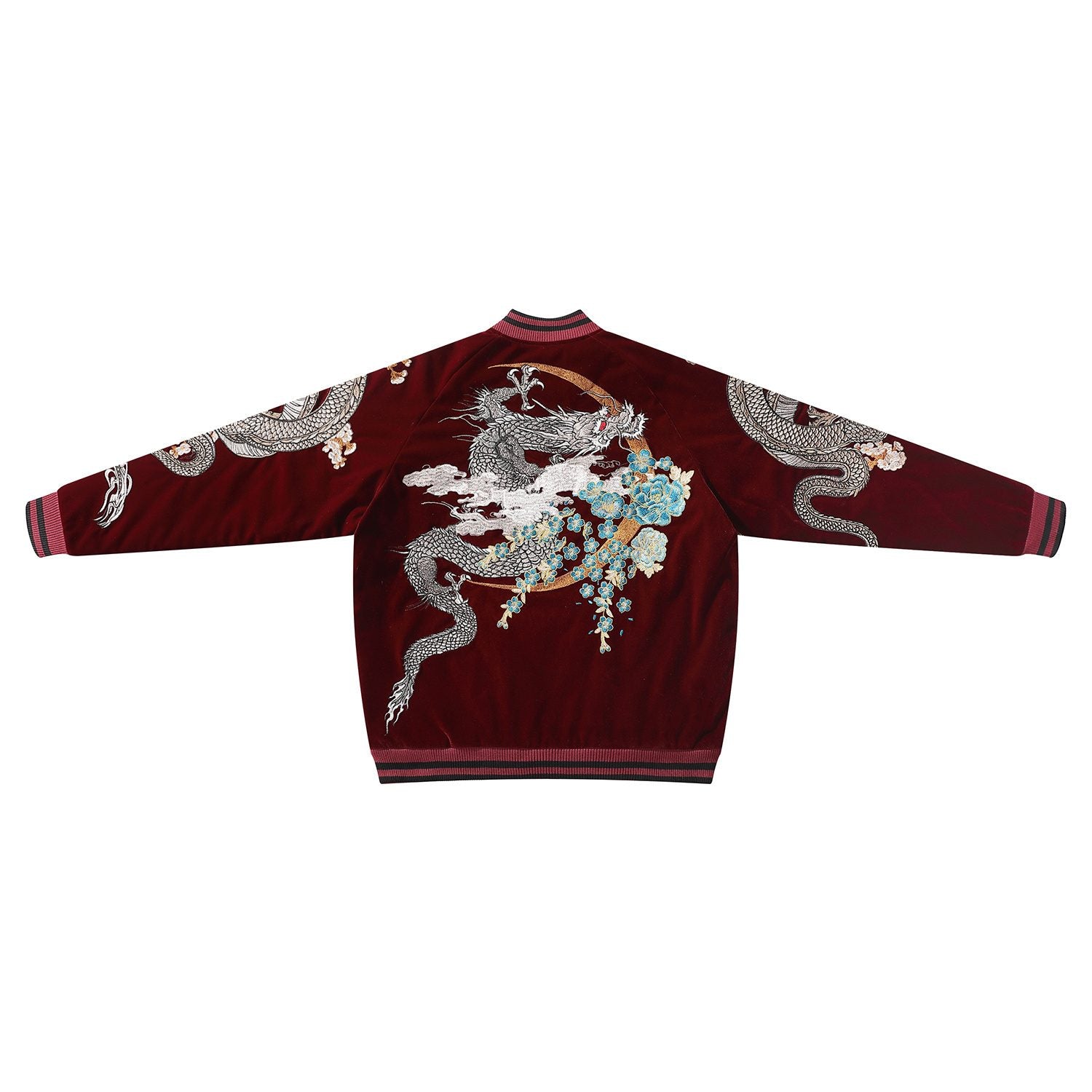 Back view of the red velvet sukajan with ringed dragon and blossom embroidery.