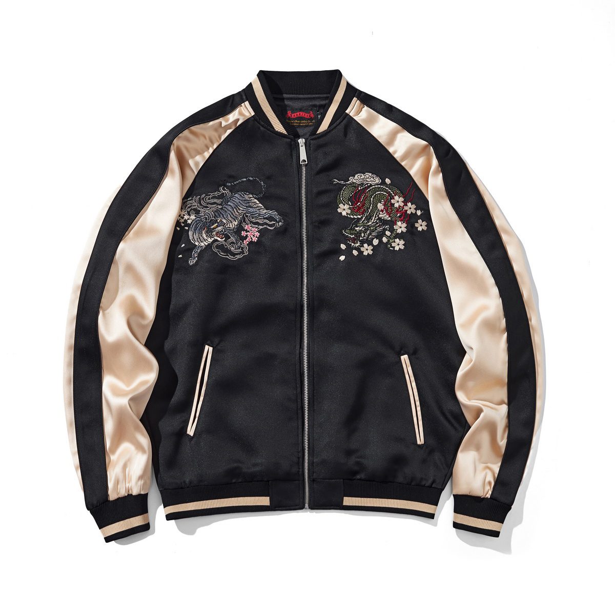 Front view with dragon & tiger crests and contrast raglan sleeves