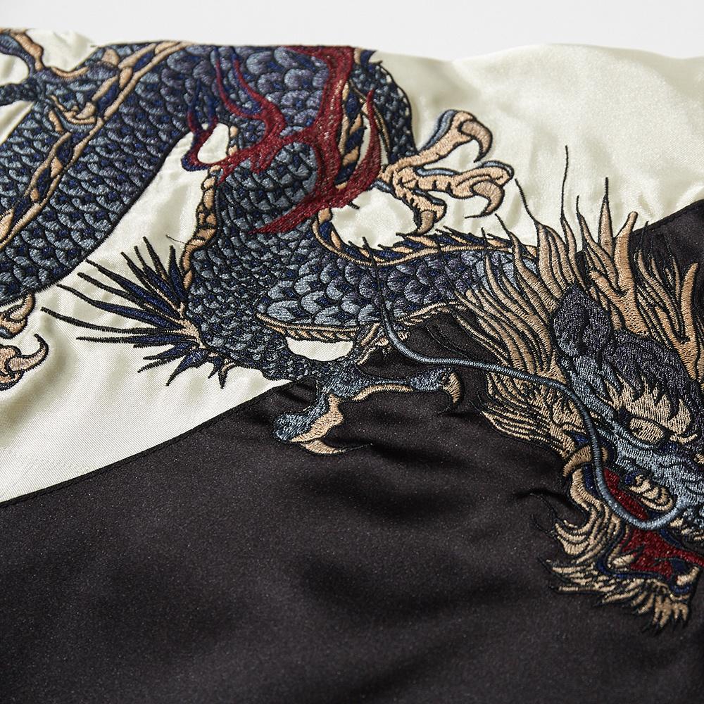 Close-up of dragon embroidery on black sukajan