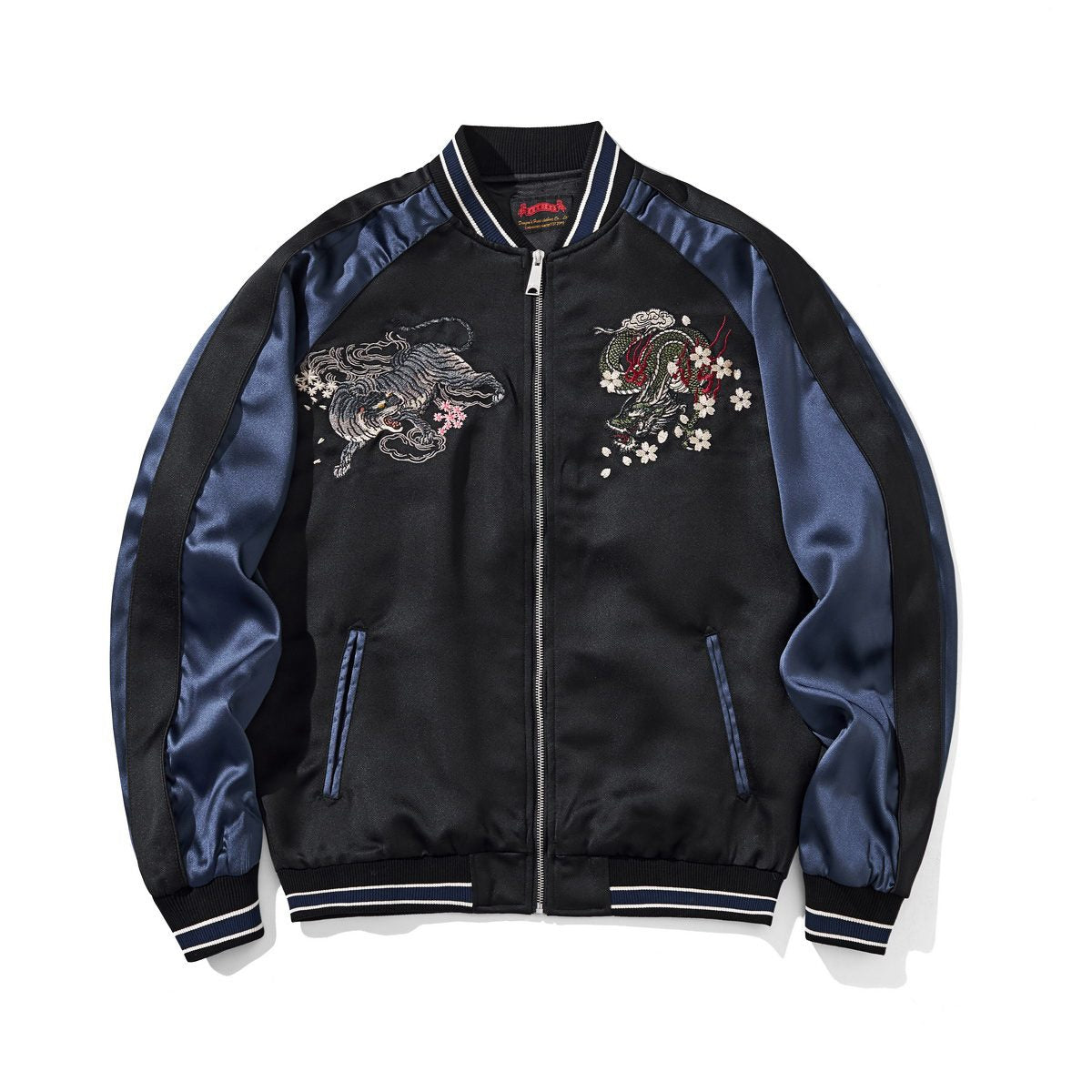 Front view with twin dragon & tiger chest crests and striped rib trims