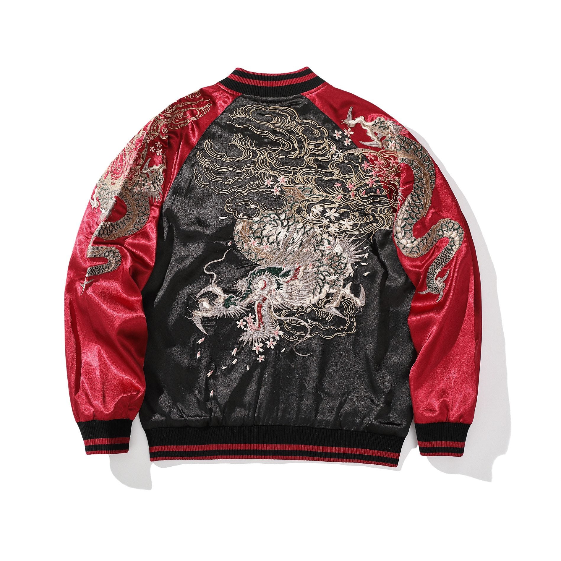 Back view of black sukajan with dragon and clouds, red sleeves