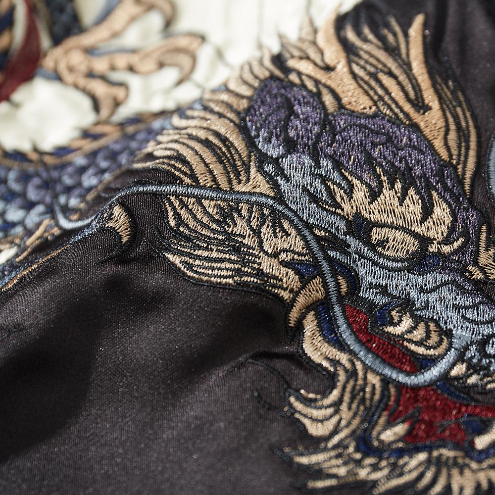 Close-up of dragon embroidery on a black sukajan (mane detail)