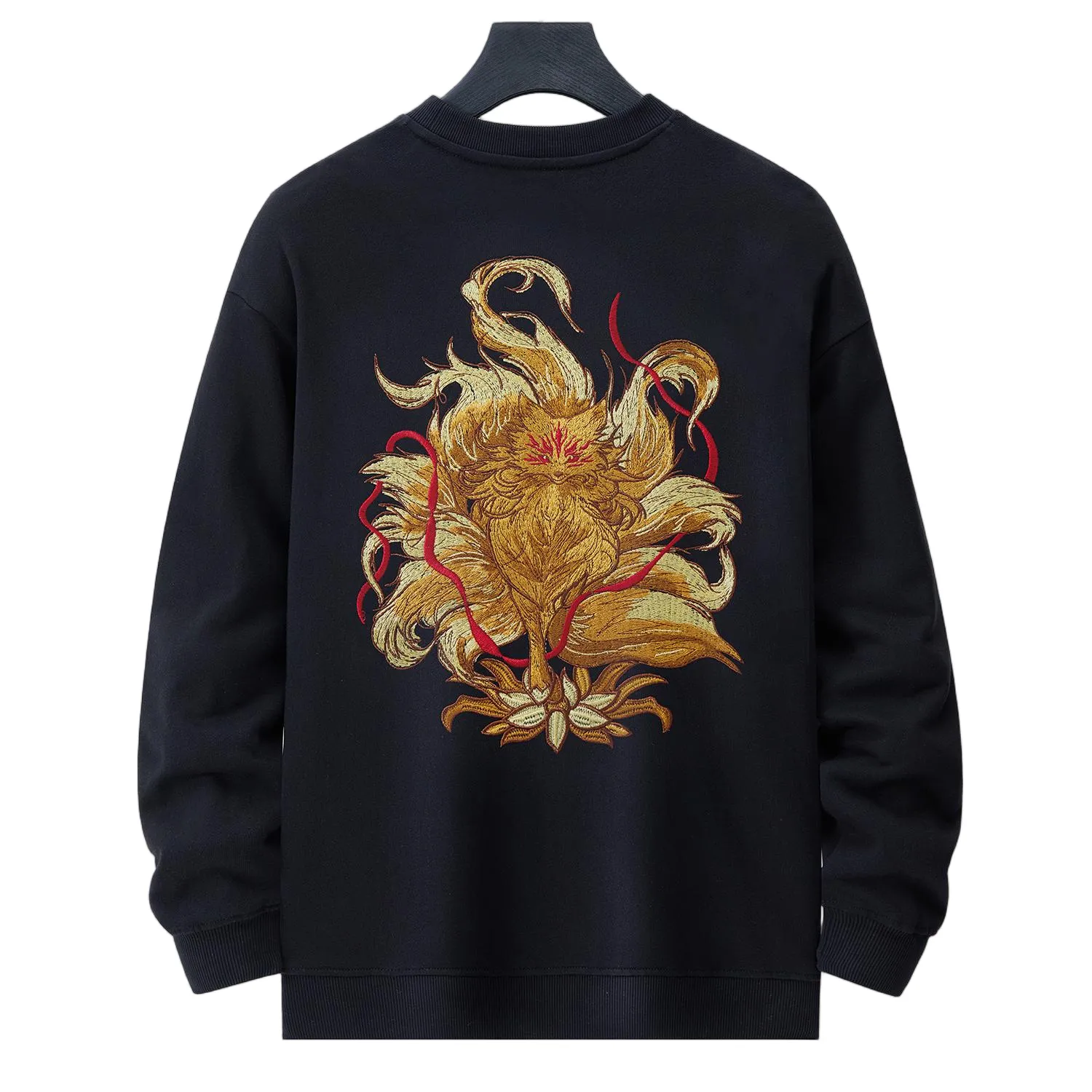 Back view of black Nine-Tailed Fox & Lotus embroidered sweatshirt with large gold fox and lotus motif.