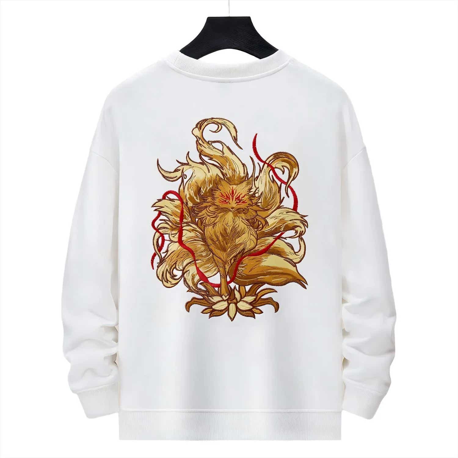 Back view of white Nine-Tailed Fox & Lotus embroidered sweatshirt with large gold fox and lotus motif.