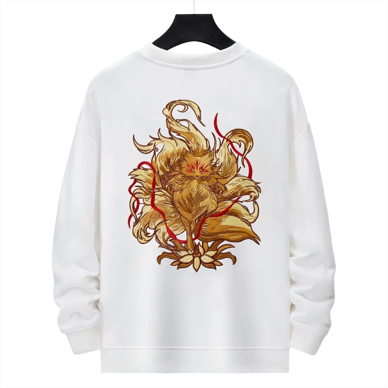 Back view of white Nine-Tailed Fox & Lotus embroidered sweatshirt with large gold fox and lotus motif.