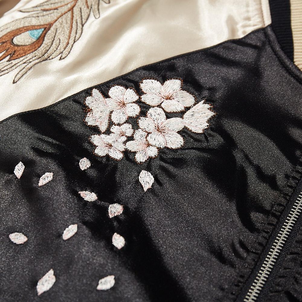 Close-up of sakura blossoms and falling petals embroidery