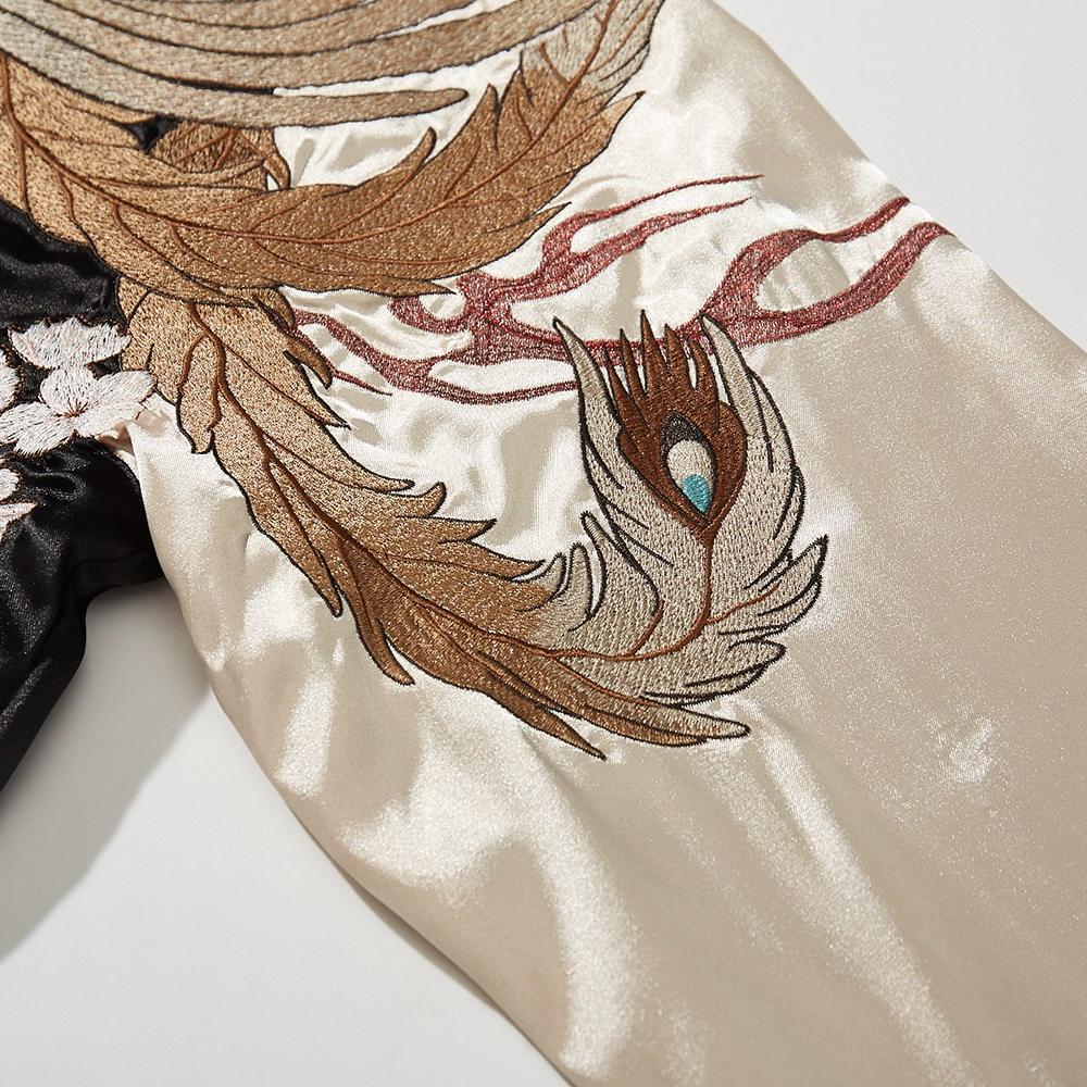 Close-up of phoenix feather embroidery on the sleeve of a sukajan