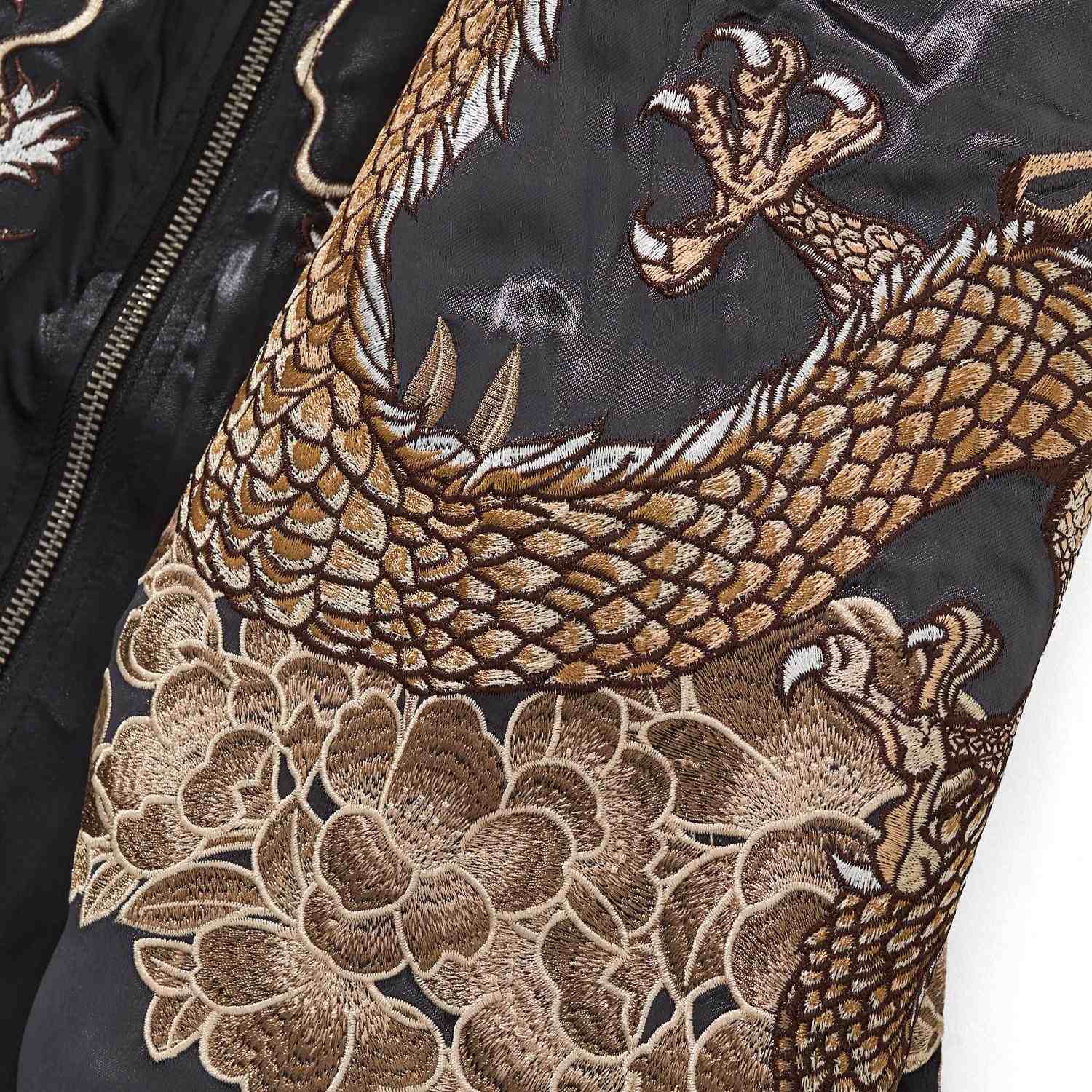 Sleeve dragon scales and floral embroidery detail on the sukajan jacket