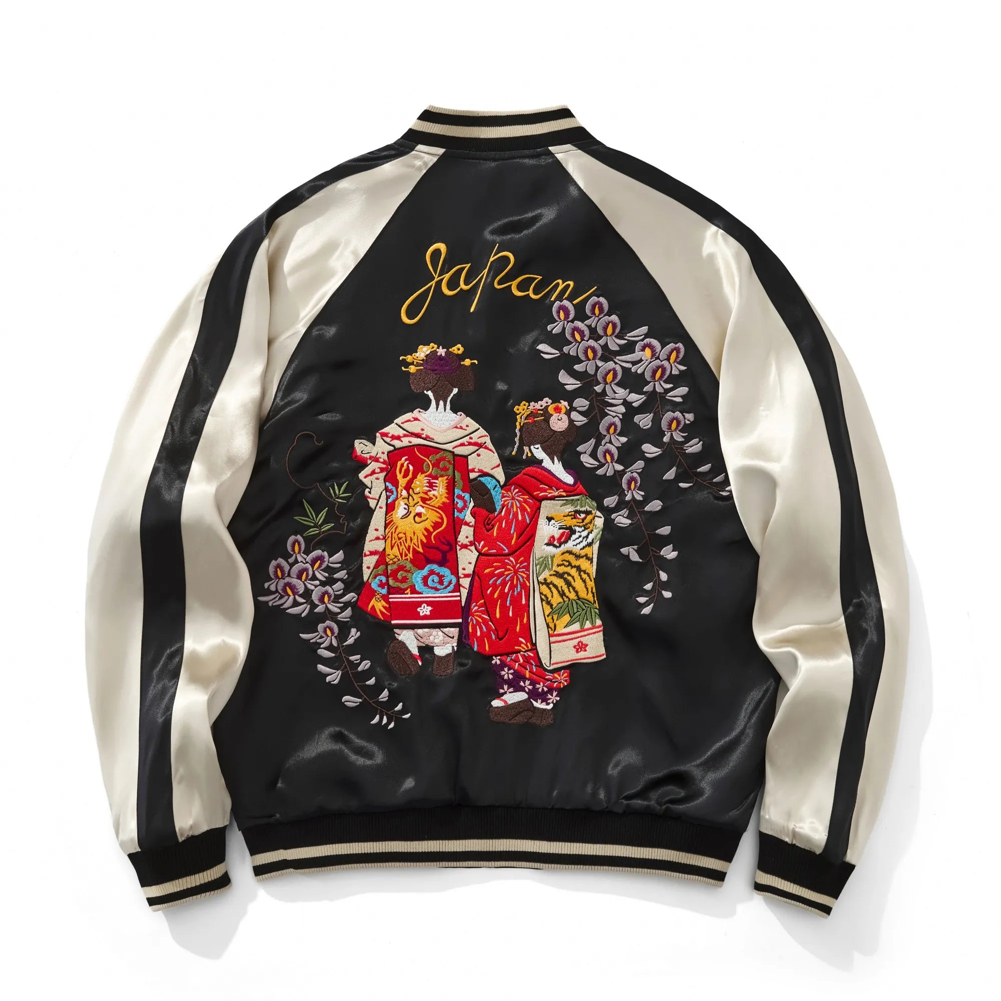 Back view of beige color Fujido satin Sukajan jacket featuring two Geishas in Dragon and Tiger kimonos under purple Wisteria embroidery.