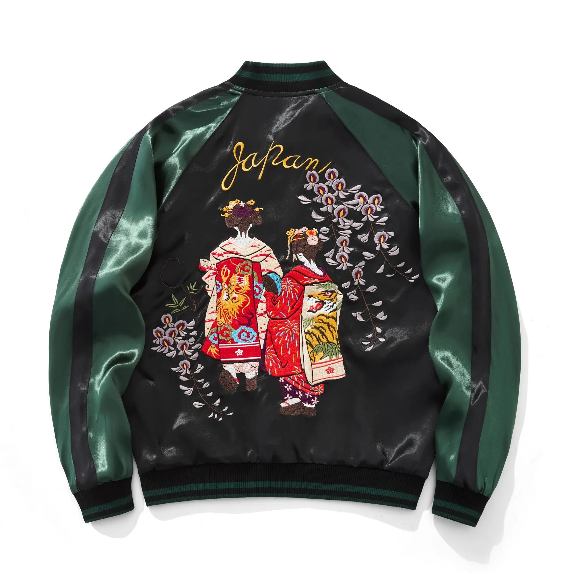 Back view of green color Fujido satin Sukajan jacket featuring two Geishas in Dragon and Tiger kimonos under purple Wisteria embroidery.