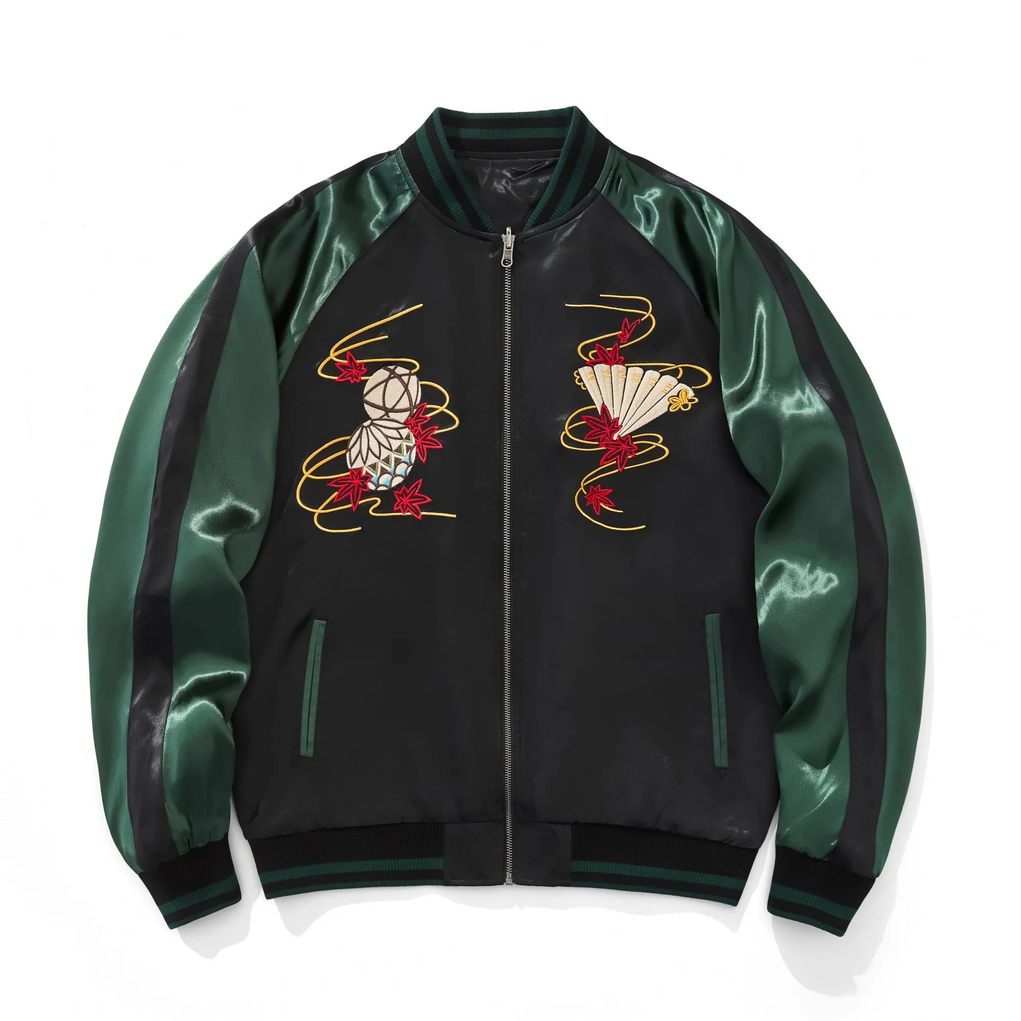 Front view of black and green souvenir jacket with Temari ball and folding fan chest embroidery.